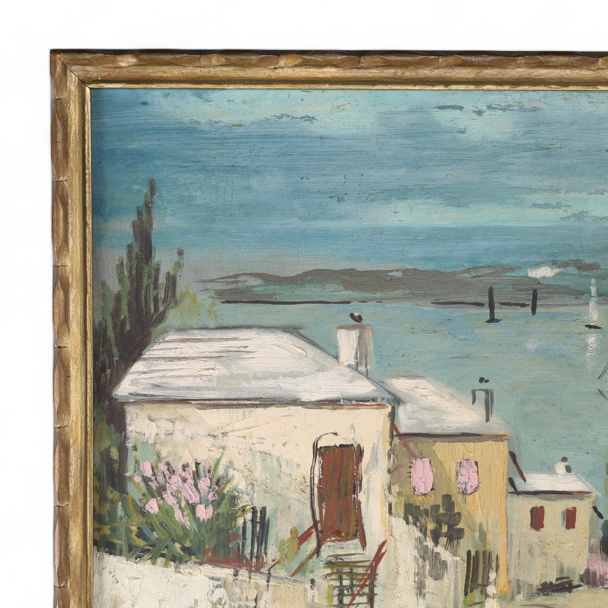 Un dipinto a olio su tavola che raffigura un paesaggio costiero con case, figure e barche, realizzato in stile impressionista dal noto artista britannico Alfred Birdsey e presentato in una cornice in legno dorato. 