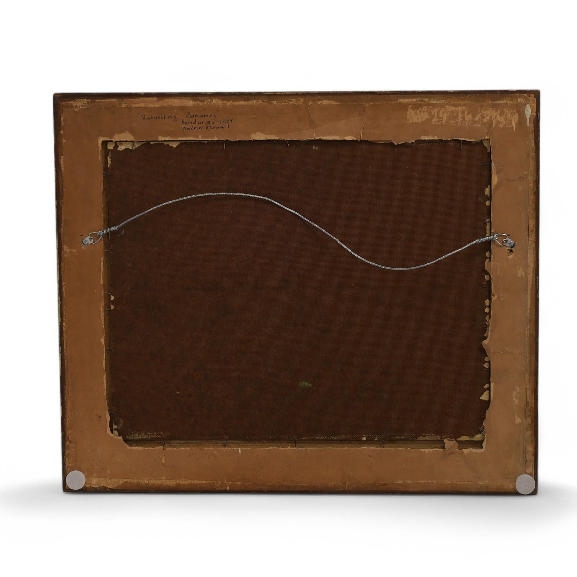 Vintage-Gemälde auf Karton mit dem Titel „Erntearbeiten von Bananen“ von Andrew Roswall 1938 im Angebot 2