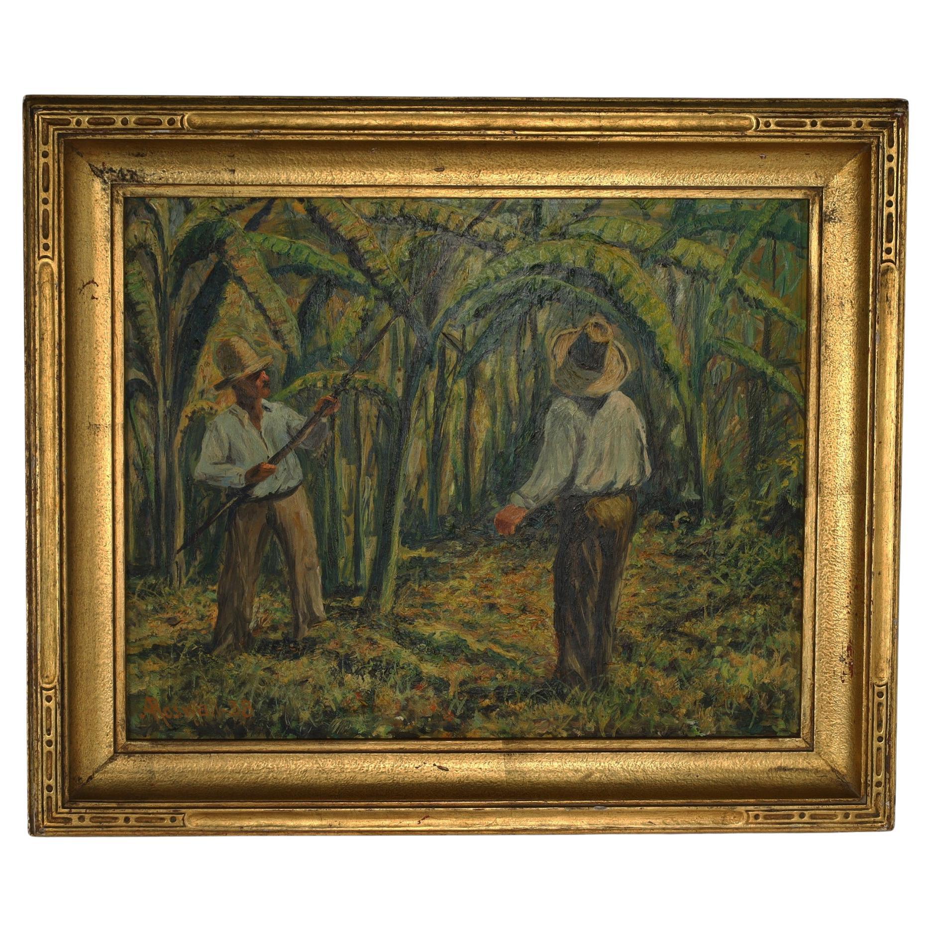Vintage Painting on Board Titled "Harvesting Bananas" by Andrew Roswall 1938