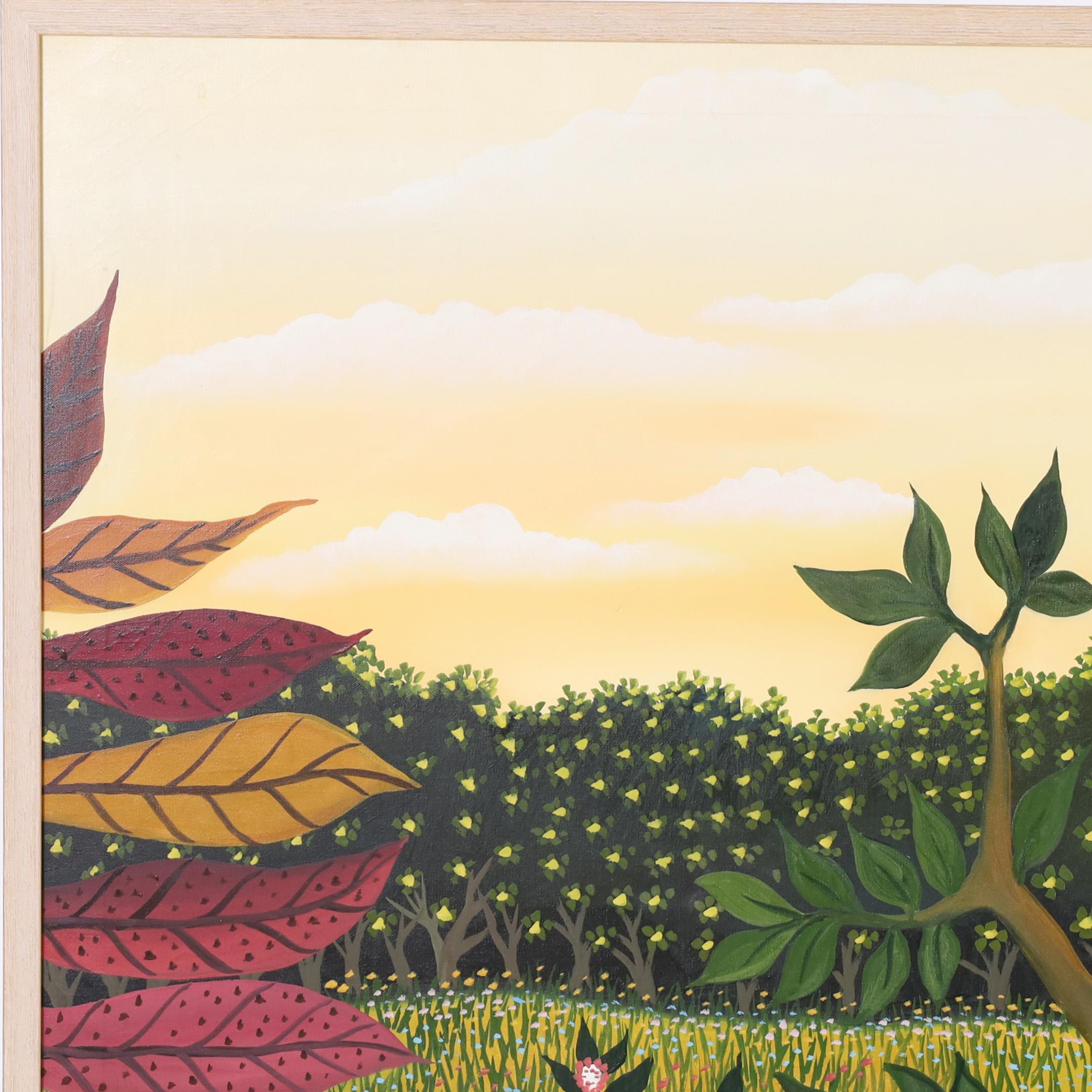 Remarquable peinture acrylique vintage sur toile représentant un léopard et un perroquet allongés dans un paysage de jungle avec des plantes tropicales, exécutée dans un style naïf distinctif. Signé 