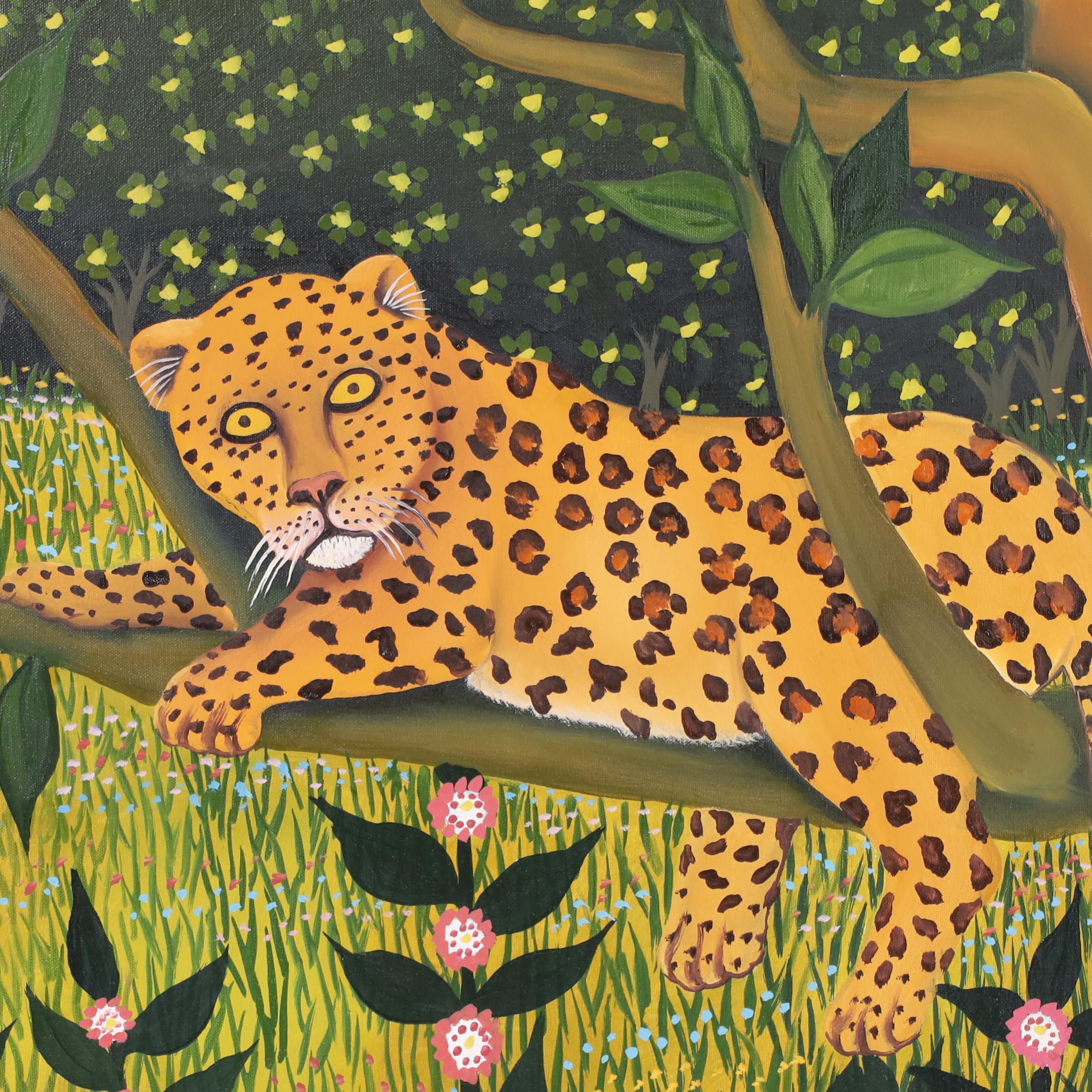 Hand-Painted Vintage Painting on Canvas of a Leopard and Parrot in a Jungle Setting For Sale