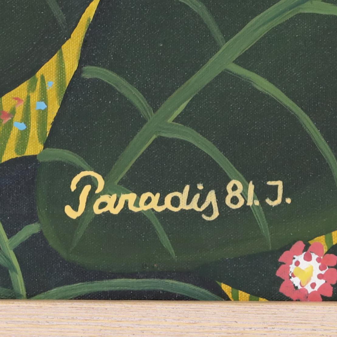 Vintage-Gemälde auf Leinwand von einem Leoparden und einem Papagei in einer Dschungel-Fassung (Farbe) im Angebot