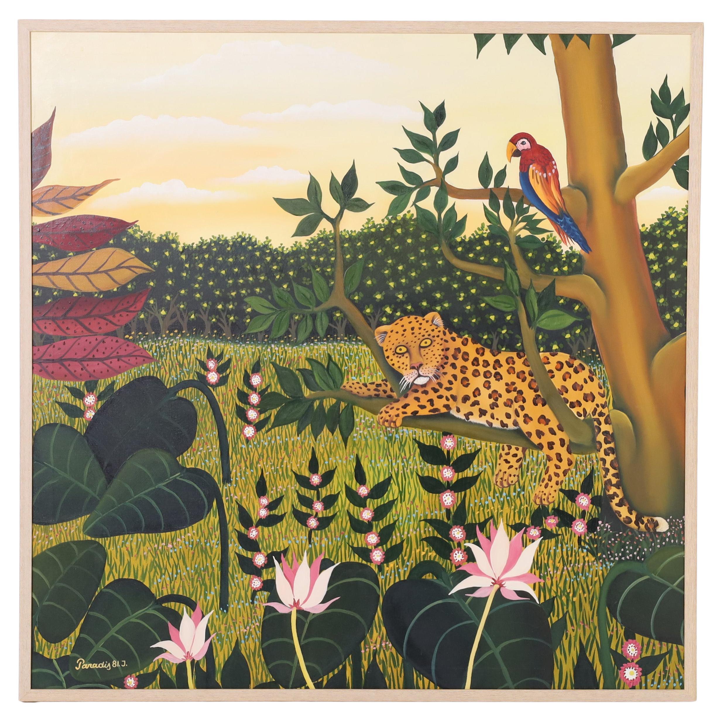 Vintage Painting on Canvas of a Leopard and Parrot in a Jungle Setting For Sale