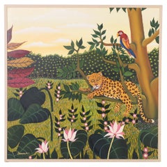 Retro Painting on Canvas of a Leopard and Parrot in a Jungle Setting