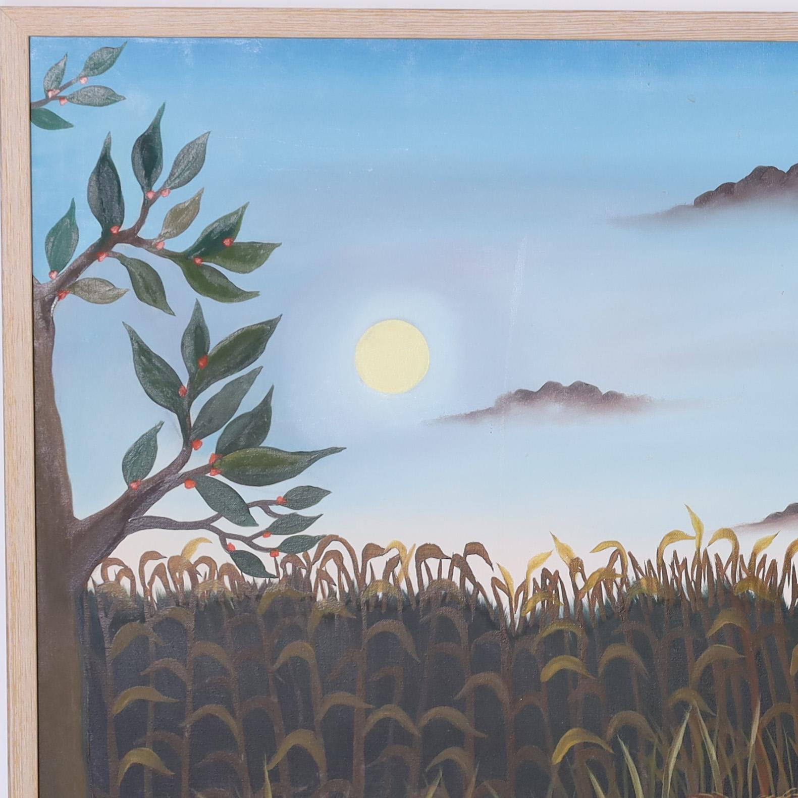 Charmante peinture acrylique sur toile du milieu du siècle représentant un lion vieillissant au repos avec des fleurs et des arbres, exécutée dans un charmant style naïf. Signé Paradis 81 et présenté dans un cadre en bois.