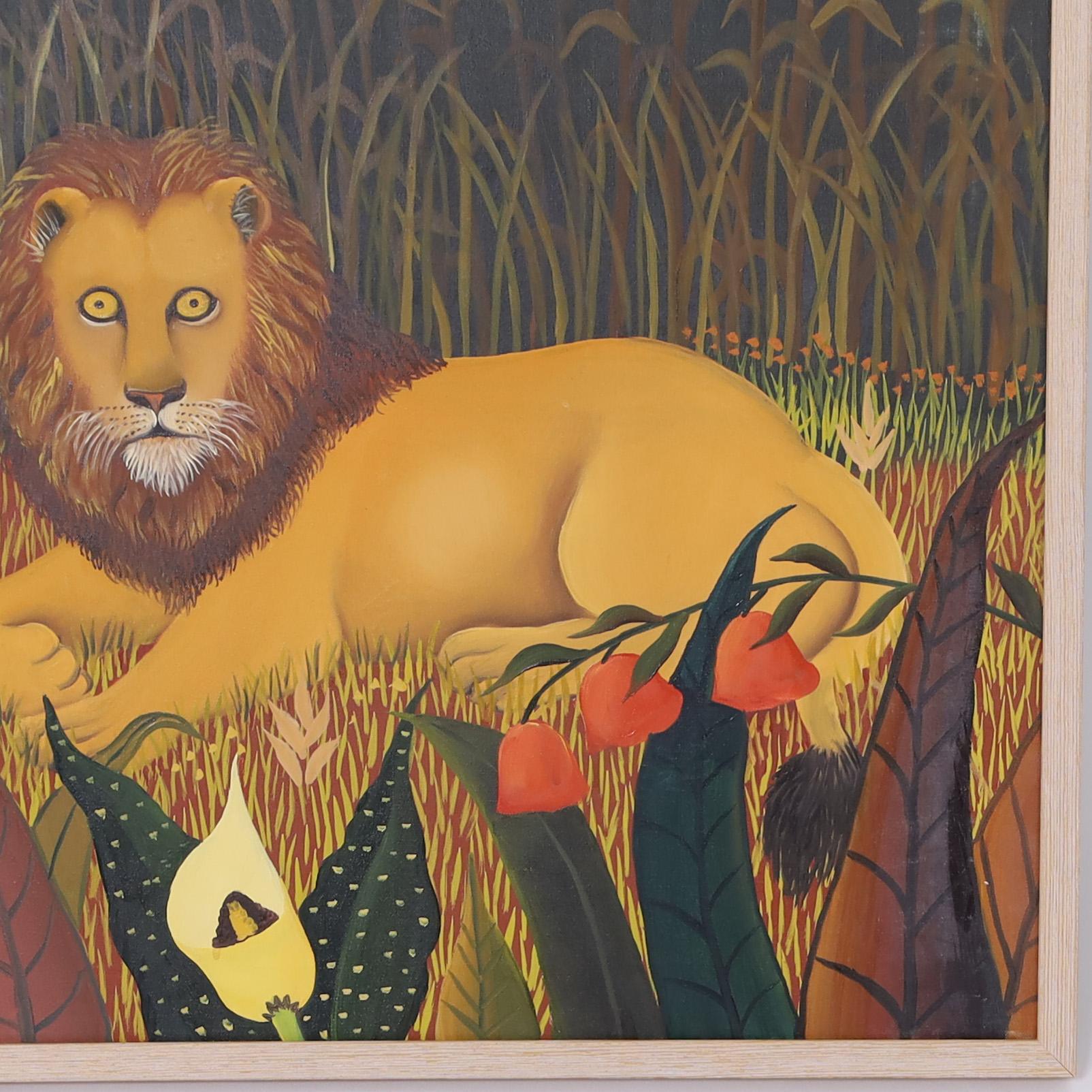 Américain Peinture vintage sur toile d'un lion par Blanko Paradis en vente