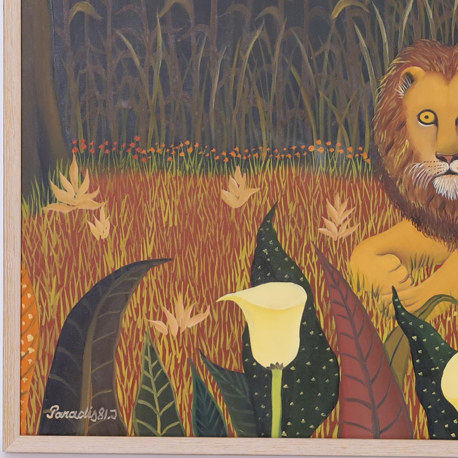 Hand-Painted Vintage Painting on Canvas of a Lion by Blanko Paradis For Sale