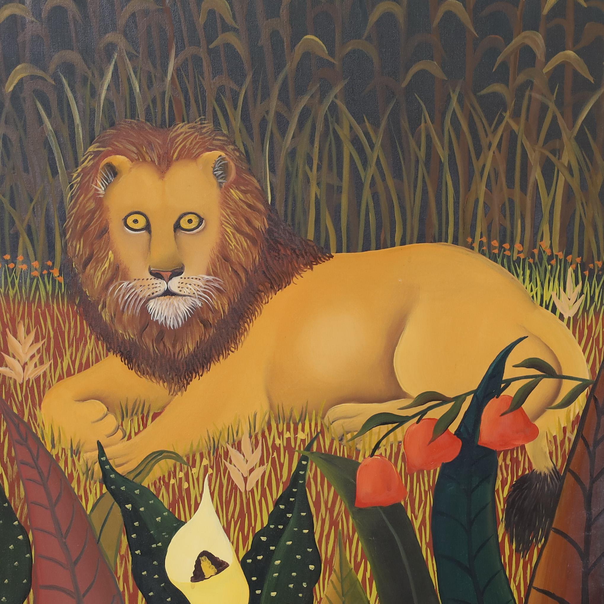 Peinture vintage sur toile d'un lion par Blanko Paradis Bon état - En vente à Palm Beach, FL