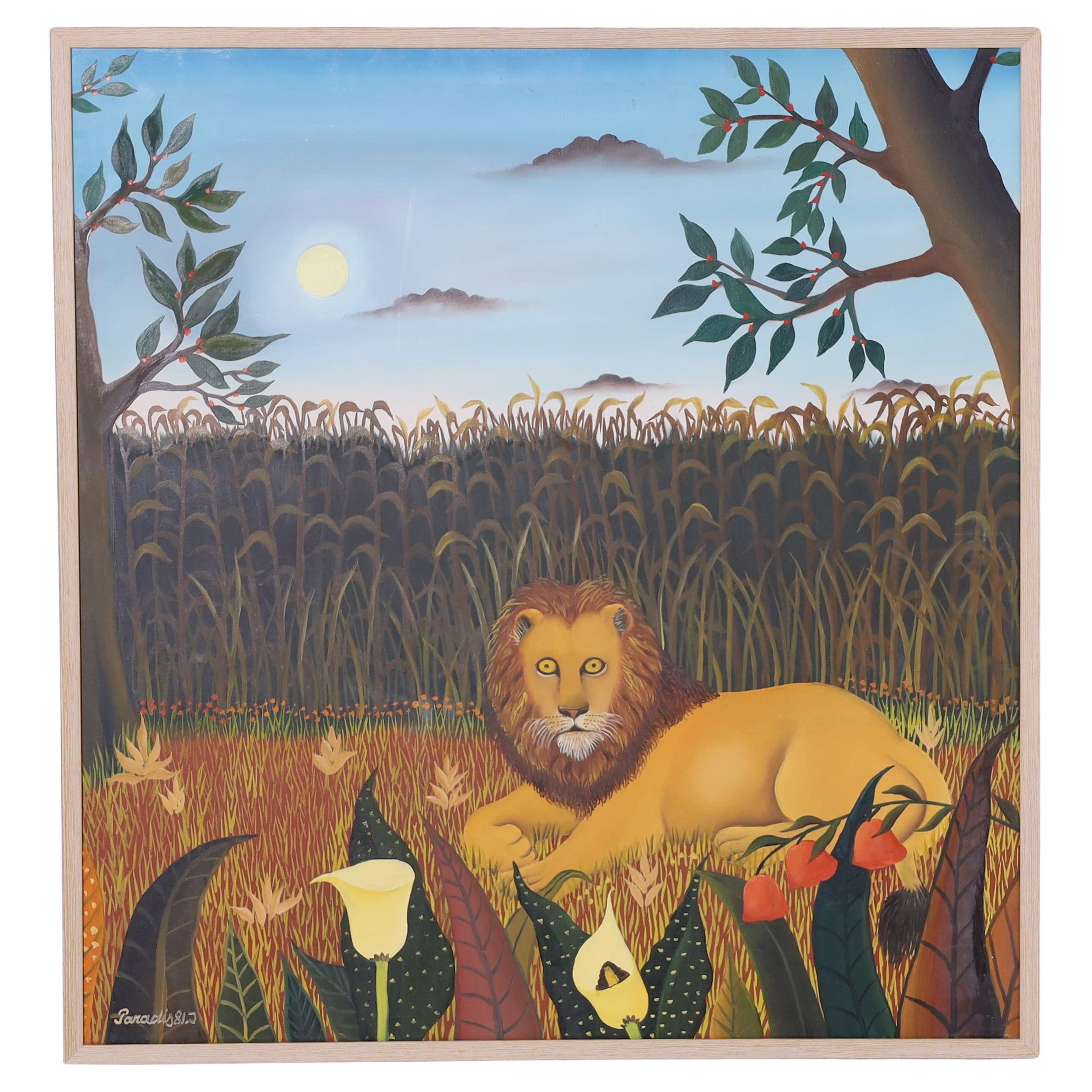 Peinture vintage sur toile d'un lion par Blanko Paradis en vente