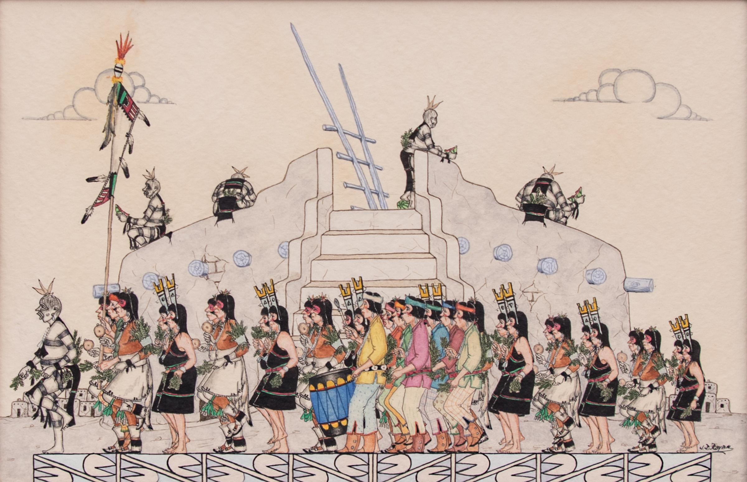 Une aquarelle originale de l'artiste amérindien San Ildefonso (Pueblo) Jose Roybal (1922-1978) représentant la danse de la récolte des Pueblo. Présenté dans un cadre personnalisé, les dimensions extérieures mesurent 17 ½ x 22 ¼ x 1 ½ pouces. La