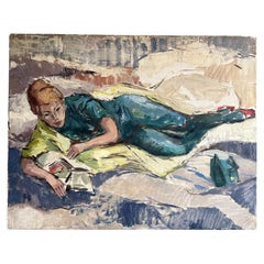 Vintage painting reading girl France fifties