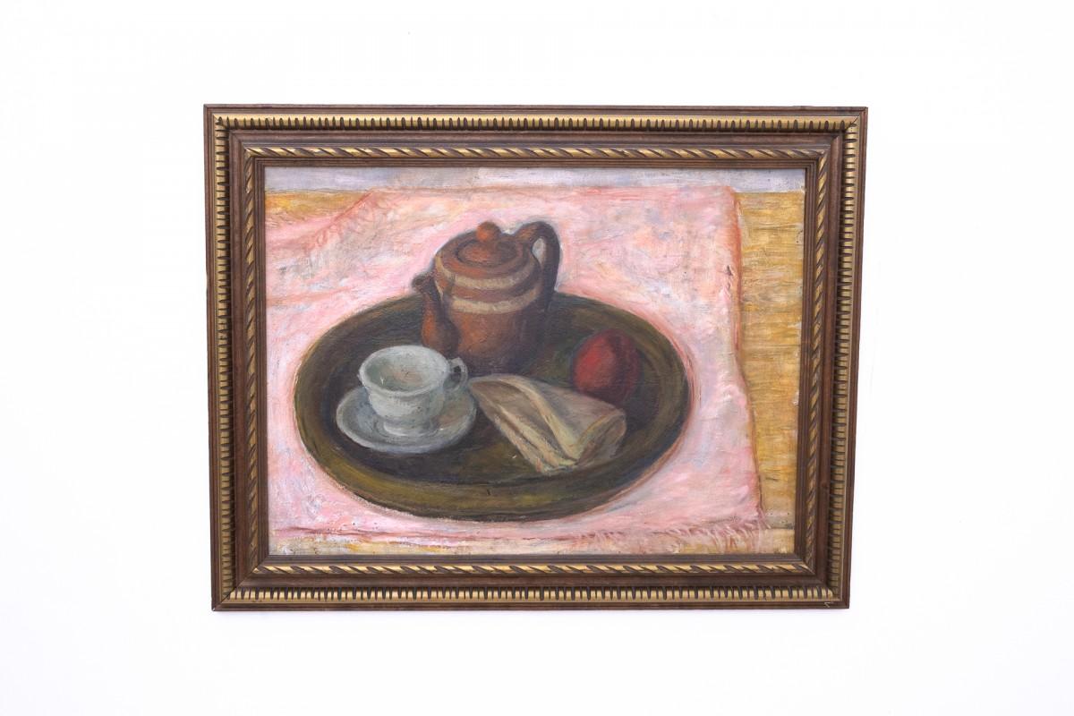 Vintage-Gemälde „Stillleben mit einer Tasse und einem Krug“ mit Rahmen. (20. Jahrhundert) im Angebot