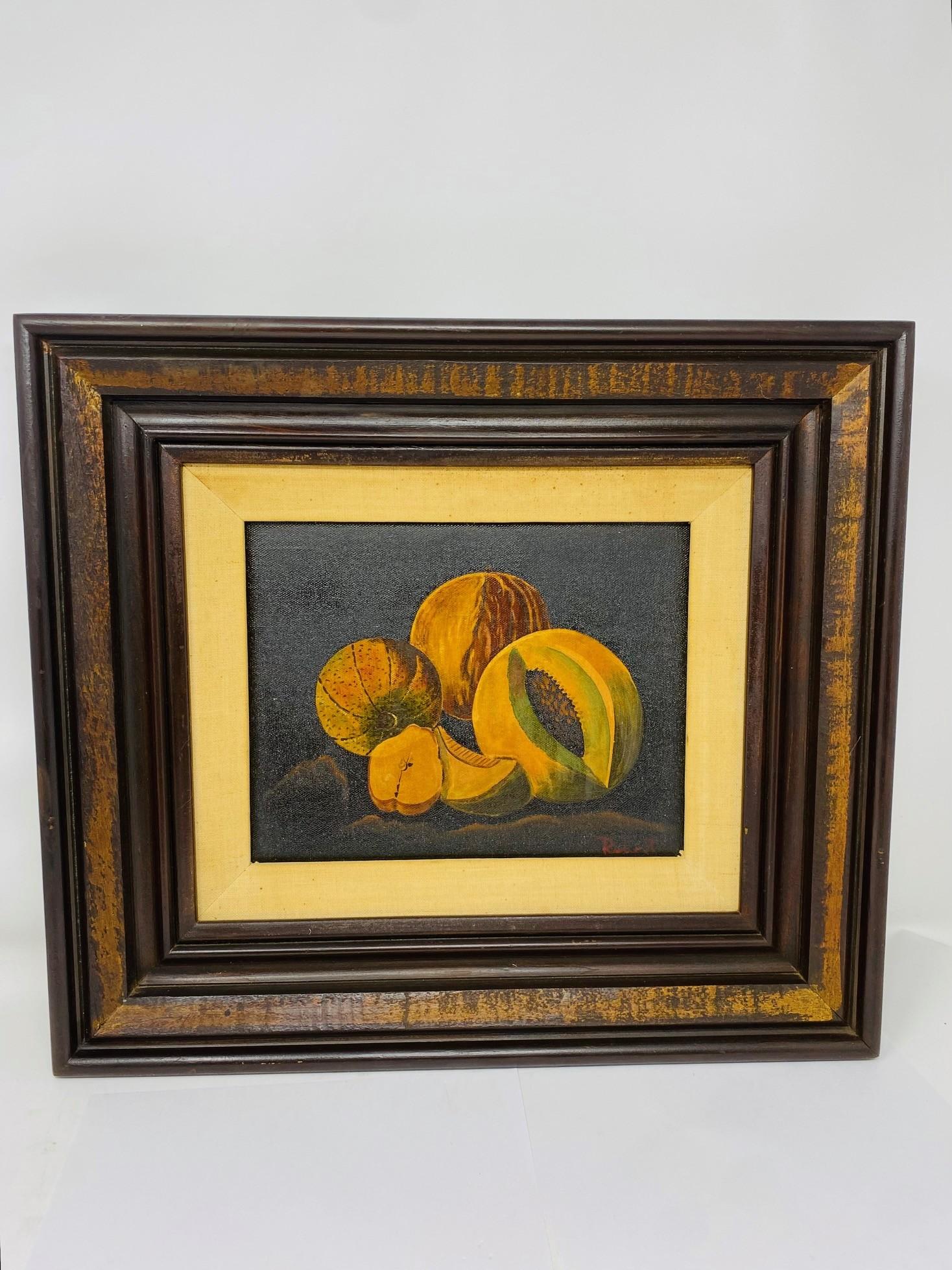 The oil on canvas painting majestically depicts a group of mellons in different sizes. The scene is depicted against a dark ground, however the artist has included dimension by focusing on size and lines as to differentiate the variety of shapes and