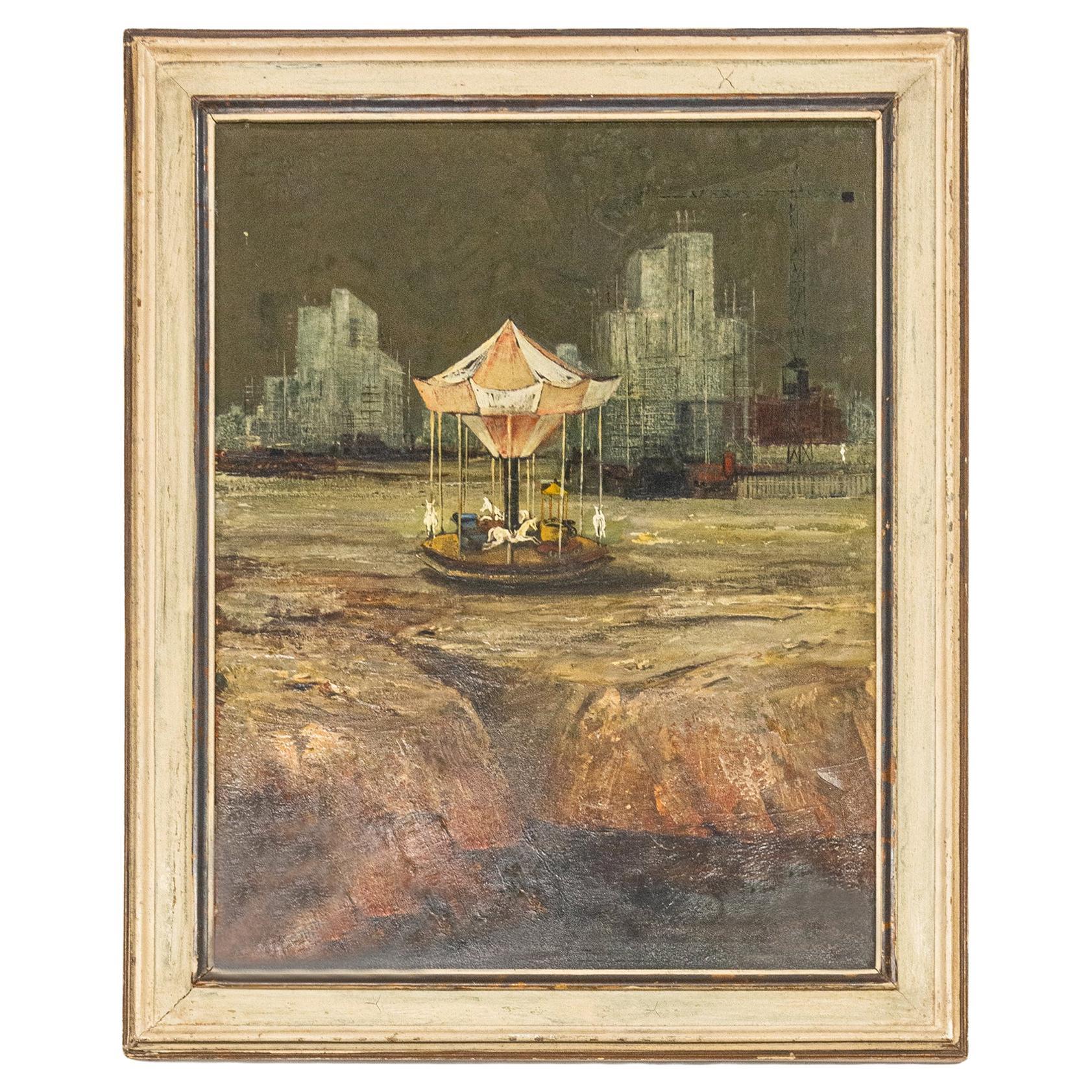 Vintage painting with a carousel on the outskirts -  a very particular painting, perhaps a little melancholy: a carousel on the far outskirts of a city.  I knew the painter: he was a friend of mine, he wasn't  a sad person at all, on the contrary; 