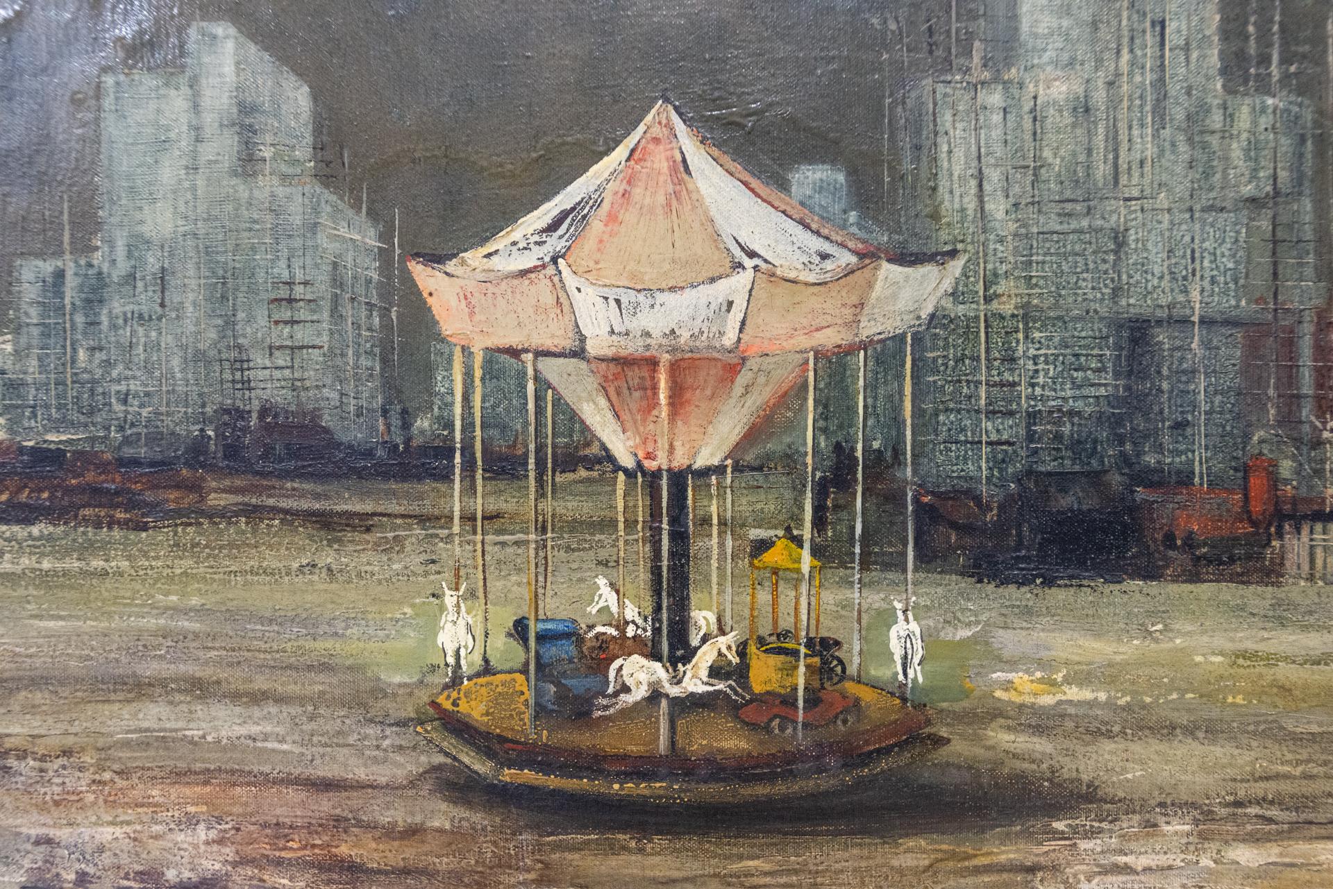Mid-20th Century Vintage Painting with a Carousel in Texas For Sale