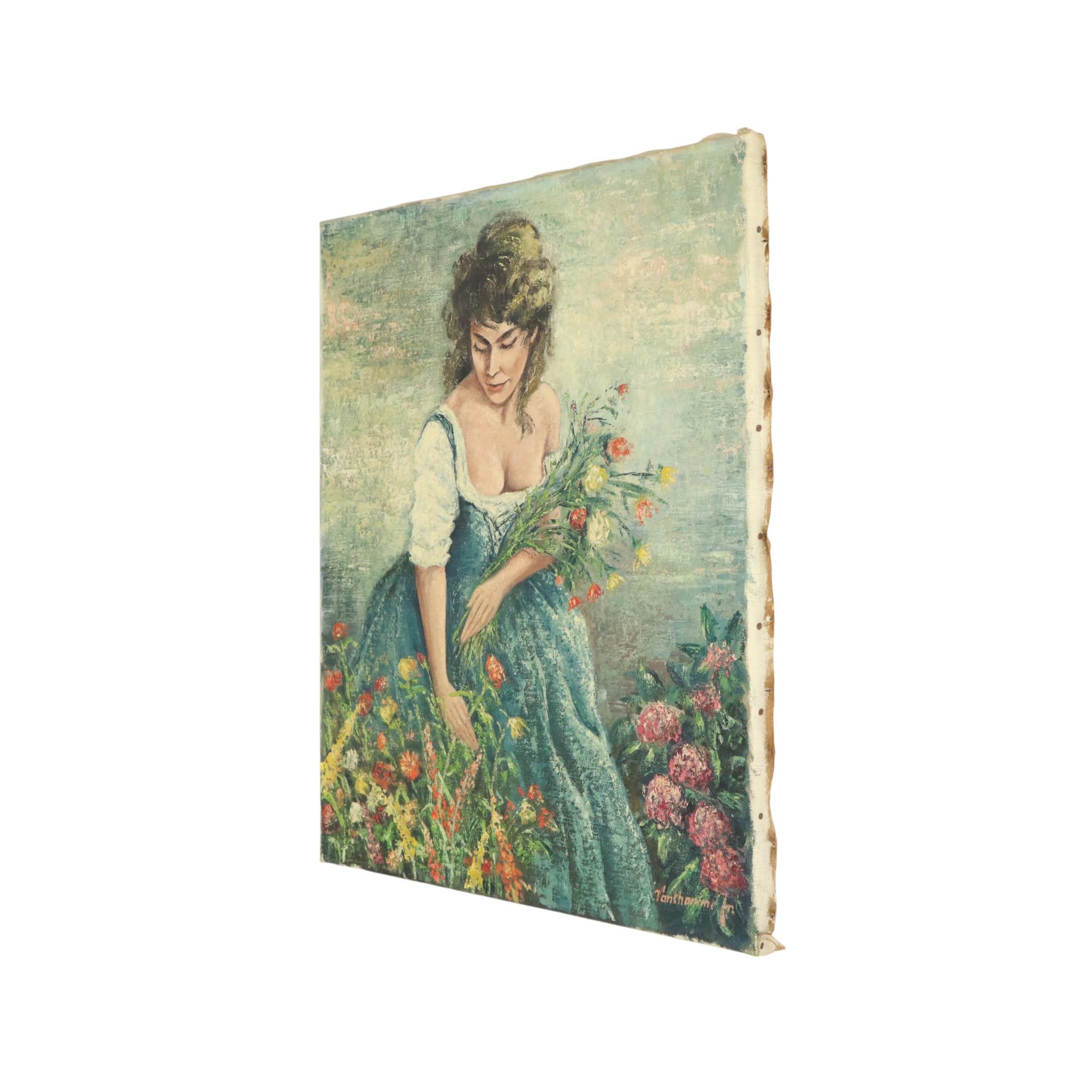 Vintage-Gemälde, Frau, die Blumen pickt, Acryl auf Leinwand, signiert im Angebot 4
