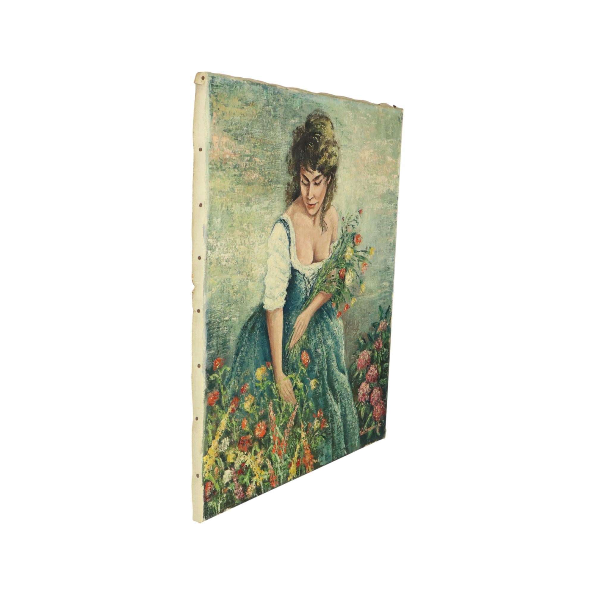 Vintage-Gemälde, Frau, die Blumen pickt, Acryl auf Leinwand, signiert im Angebot 5