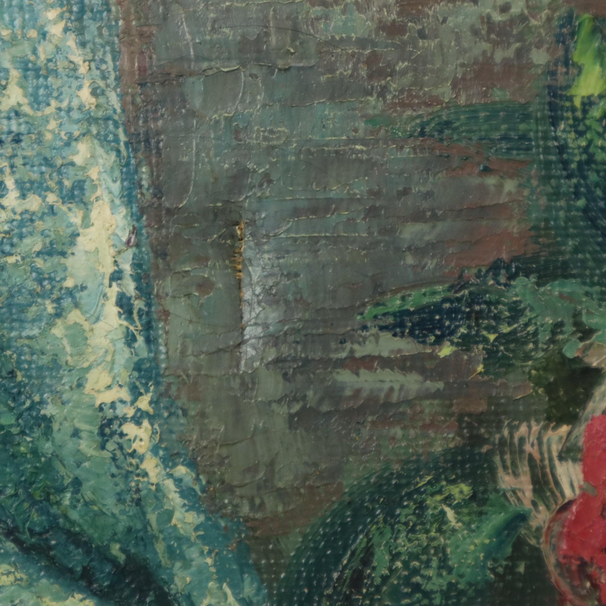 Vintage-Gemälde, Frau, die Blumen pickt, Acryl auf Leinwand, signiert im Angebot 6