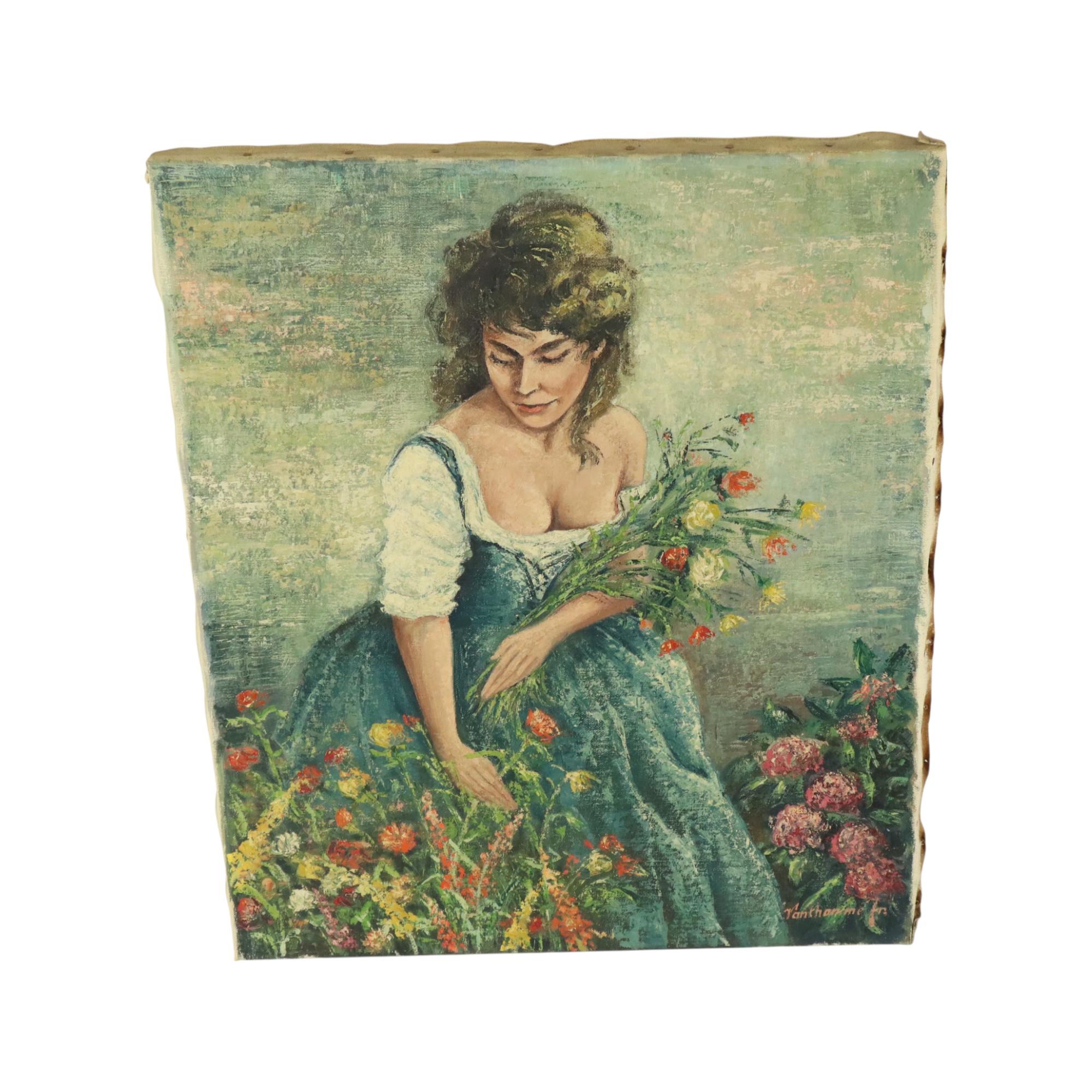 Vintage-Gemälde, Frau, die Blumen pickt, Acryl auf Leinwand, signiert im Angebot 7
