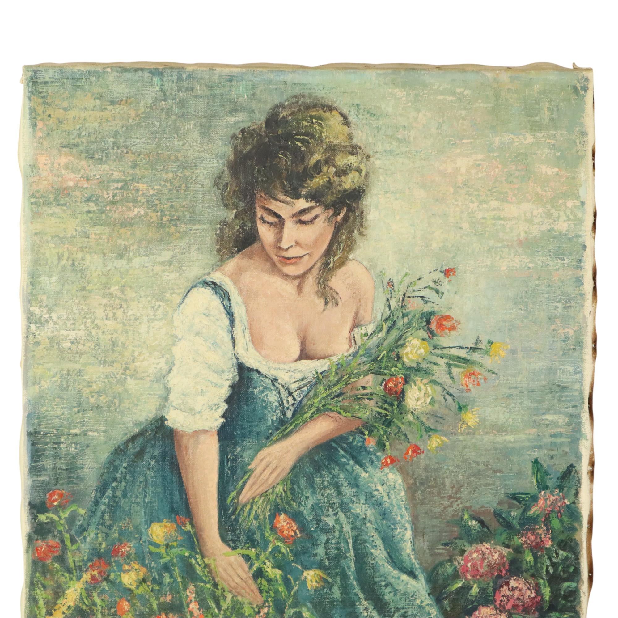 Großes Vintage-Gemälde einer Frau beim Blumenpflücken, Acrylfarbe auf Leinwand, rechts unten signiert Vanthomme, undatiert, aber schätzungsweise aus der Mitte der zweiten Hälfte des 20.

Charmantes Amateur-Gemälde eines praktisch unbekannten