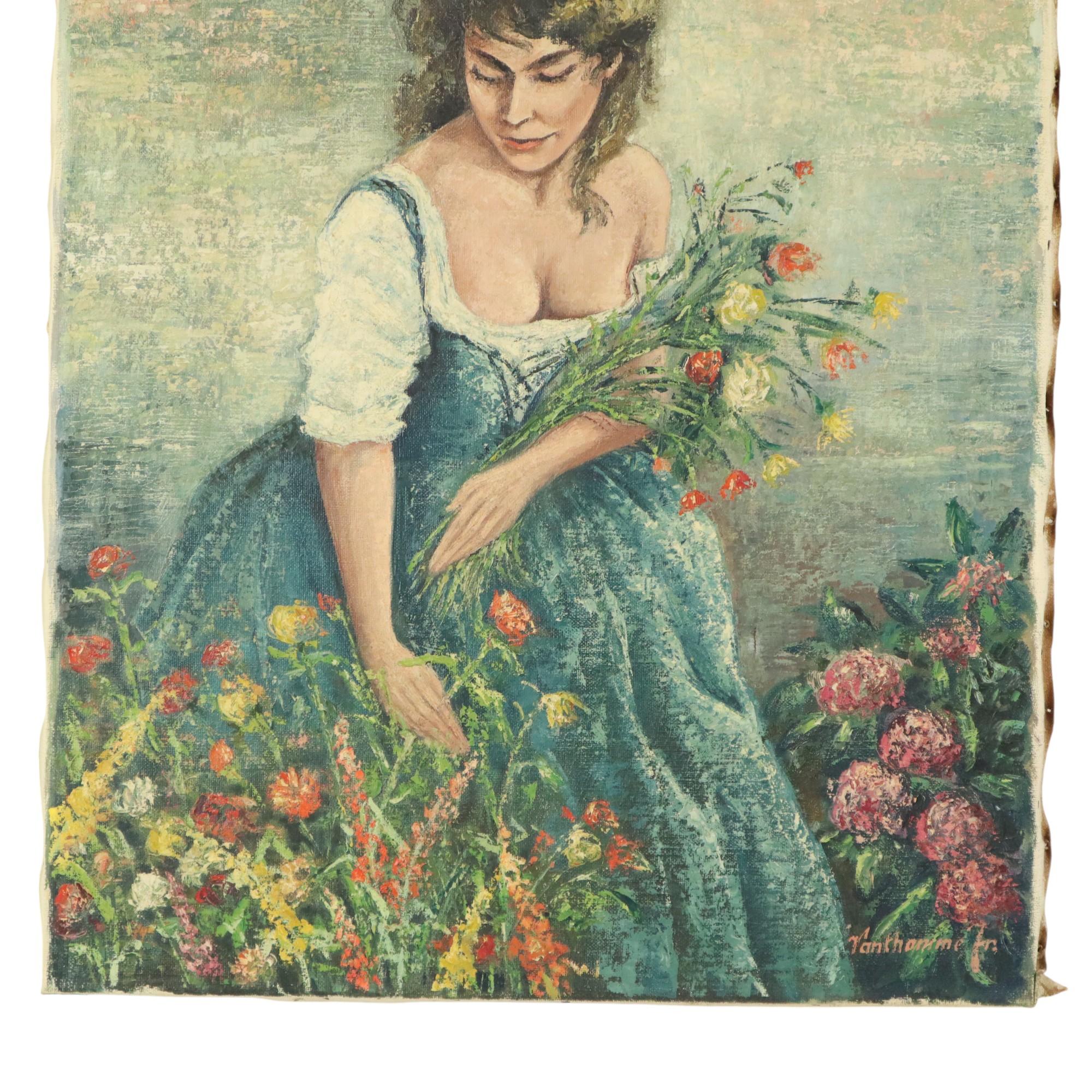 Vintage-Gemälde, Frau, die Blumen pickt, Acryl auf Leinwand, signiert (Belgisch) im Angebot