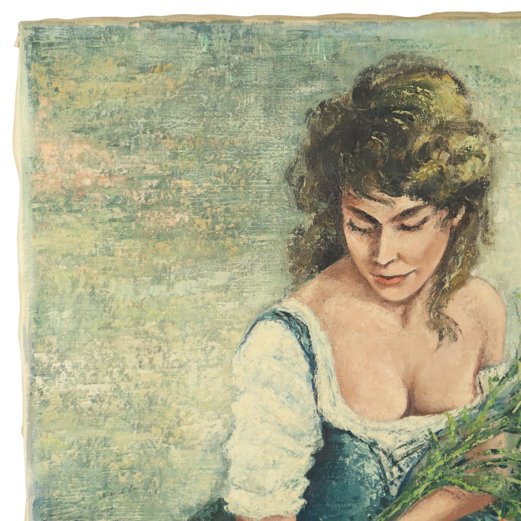 Vintage-Gemälde, Frau, die Blumen pickt, Acryl auf Leinwand, signiert (Handbemalt) im Angebot