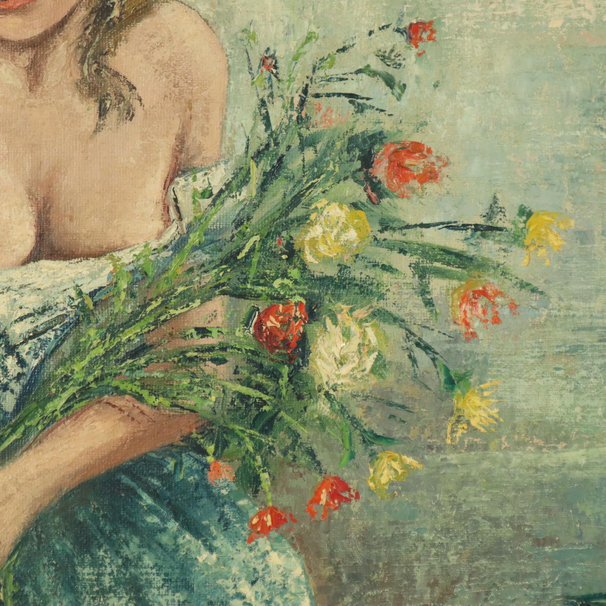 Vintage-Gemälde, Frau, die Blumen pickt, Acryl auf Leinwand, signiert im Zustand „Gut“ im Angebot in Poperinge, BE