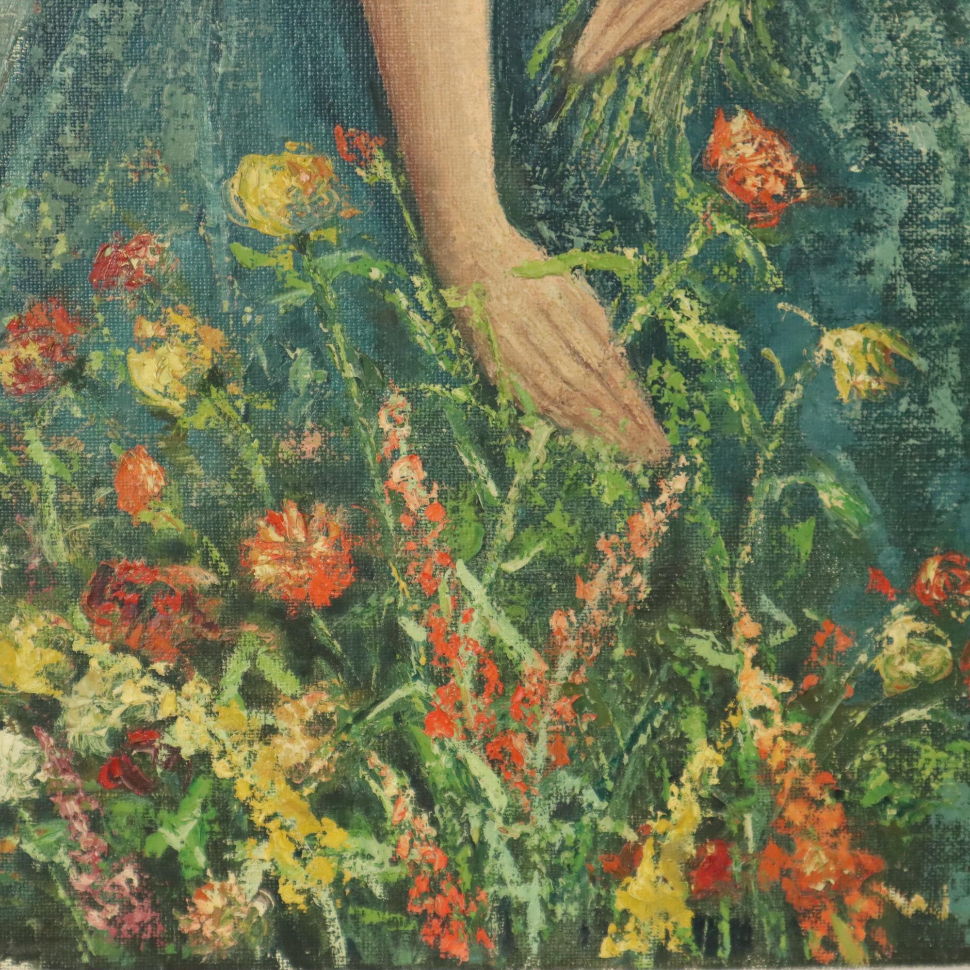 Vintage-Gemälde, Frau, die Blumen pickt, Acryl auf Leinwand, signiert (20. Jahrhundert) im Angebot