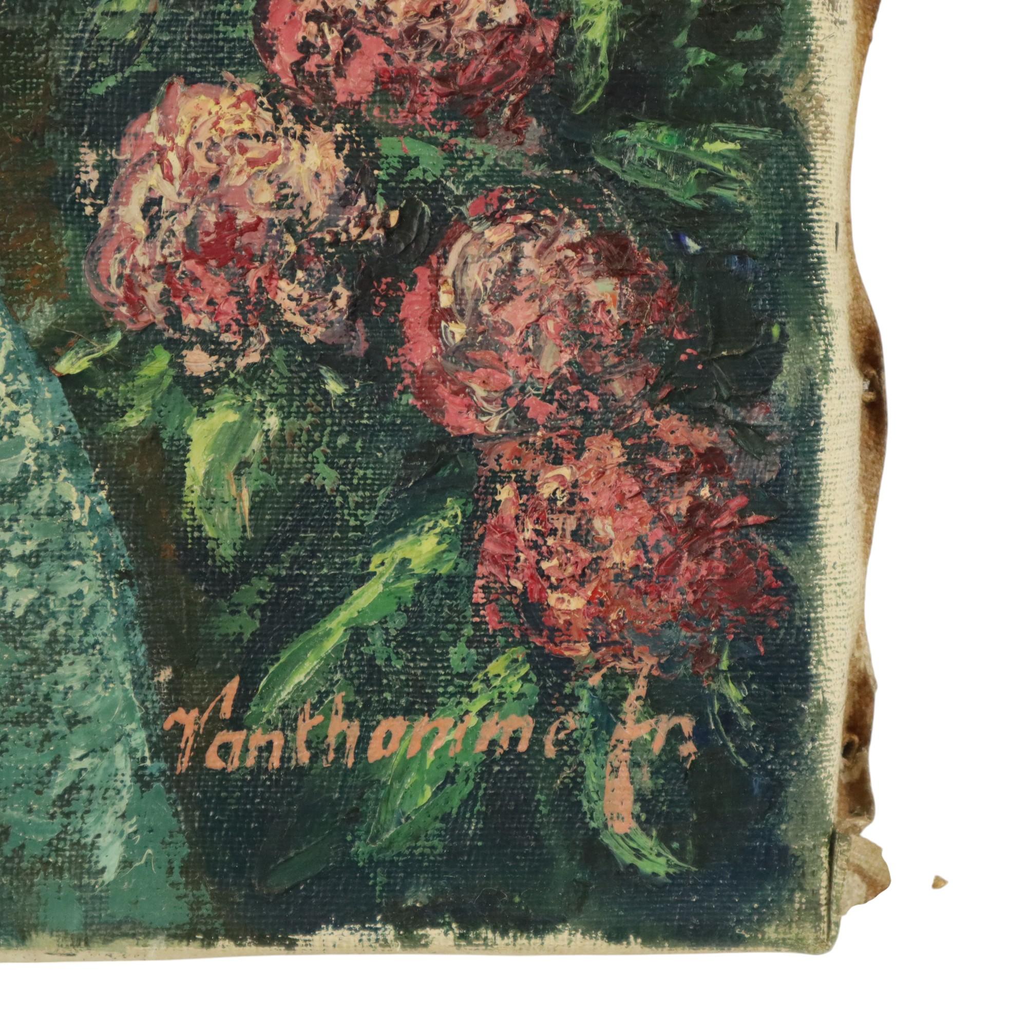 Vintage-Gemälde, Frau, die Blumen pickt, Acryl auf Leinwand, signiert im Angebot 1