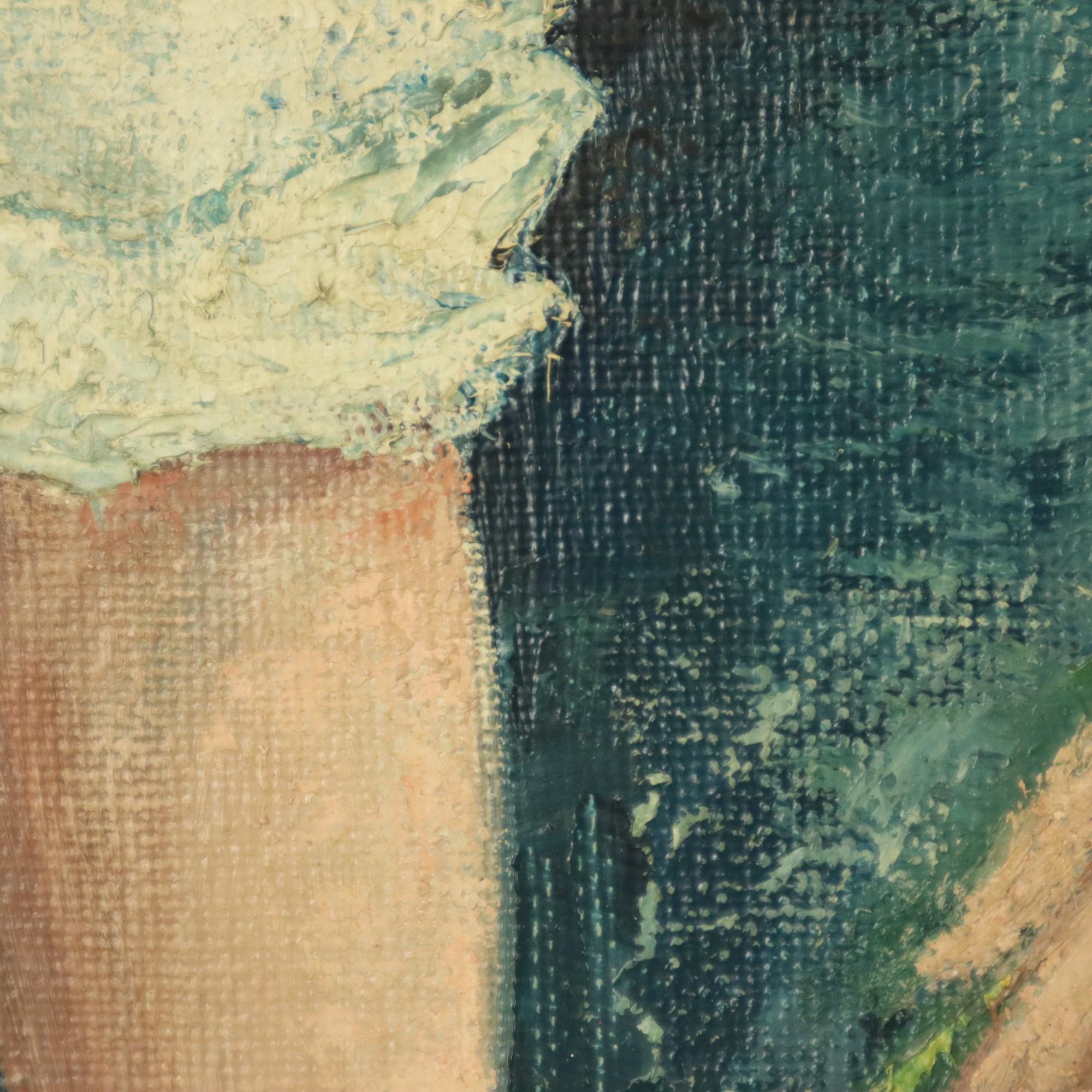 Vintage-Gemälde, Frau, die Blumen pickt, Acryl auf Leinwand, signiert im Angebot 3