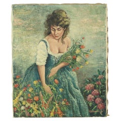 Peinture vintage représentant une femme cueillent des fleurs Acrylique sur toile signée