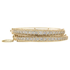 Paire Vintage 14k Gold 5.08ct Fiery Diamond Stack Hinged Open Bangle Bracelet Set
