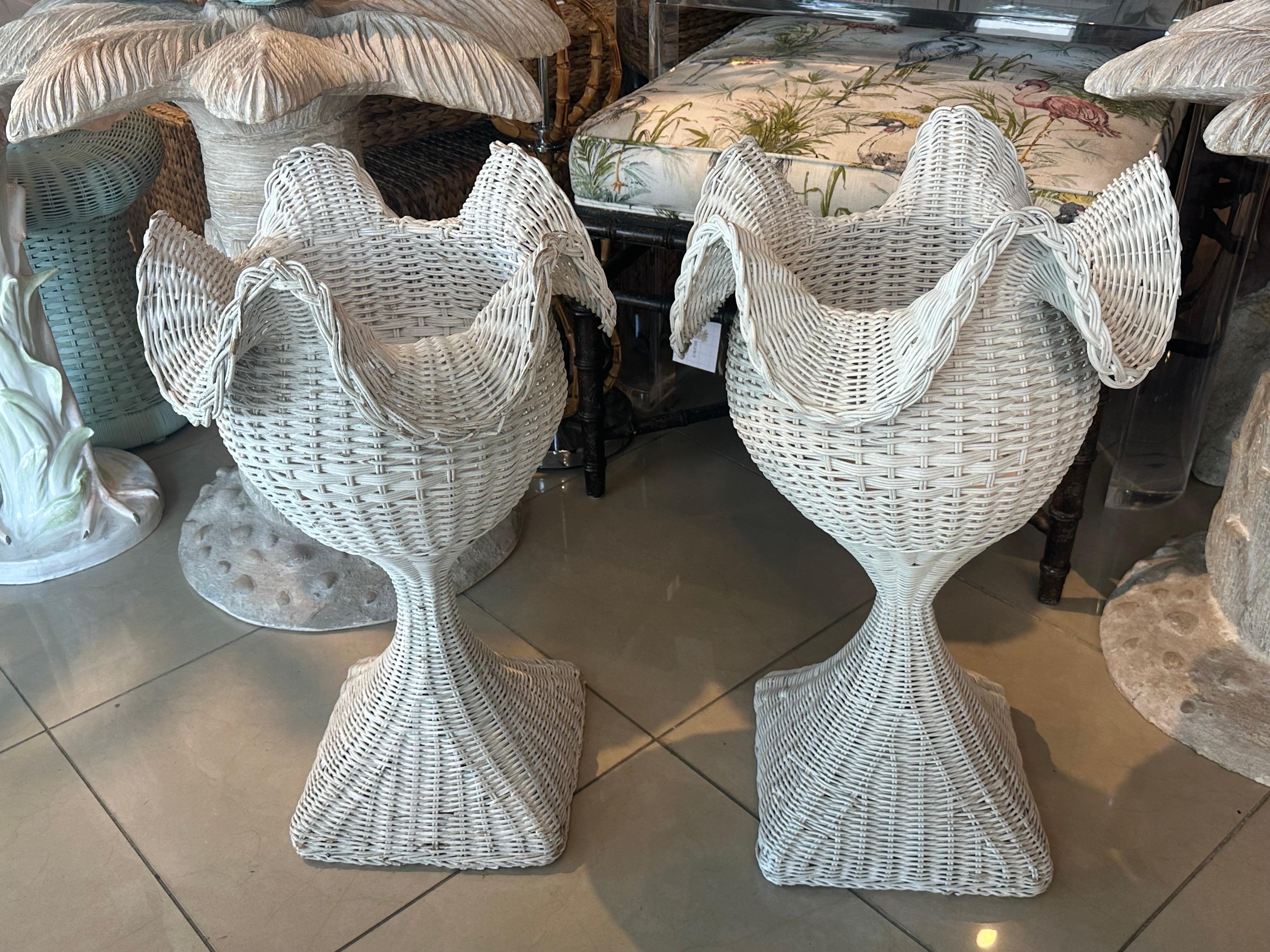 Mid-20th Century Vintage Pair 1940s French White Chippy Wicker Scalloped Ruffle Edge Planters 