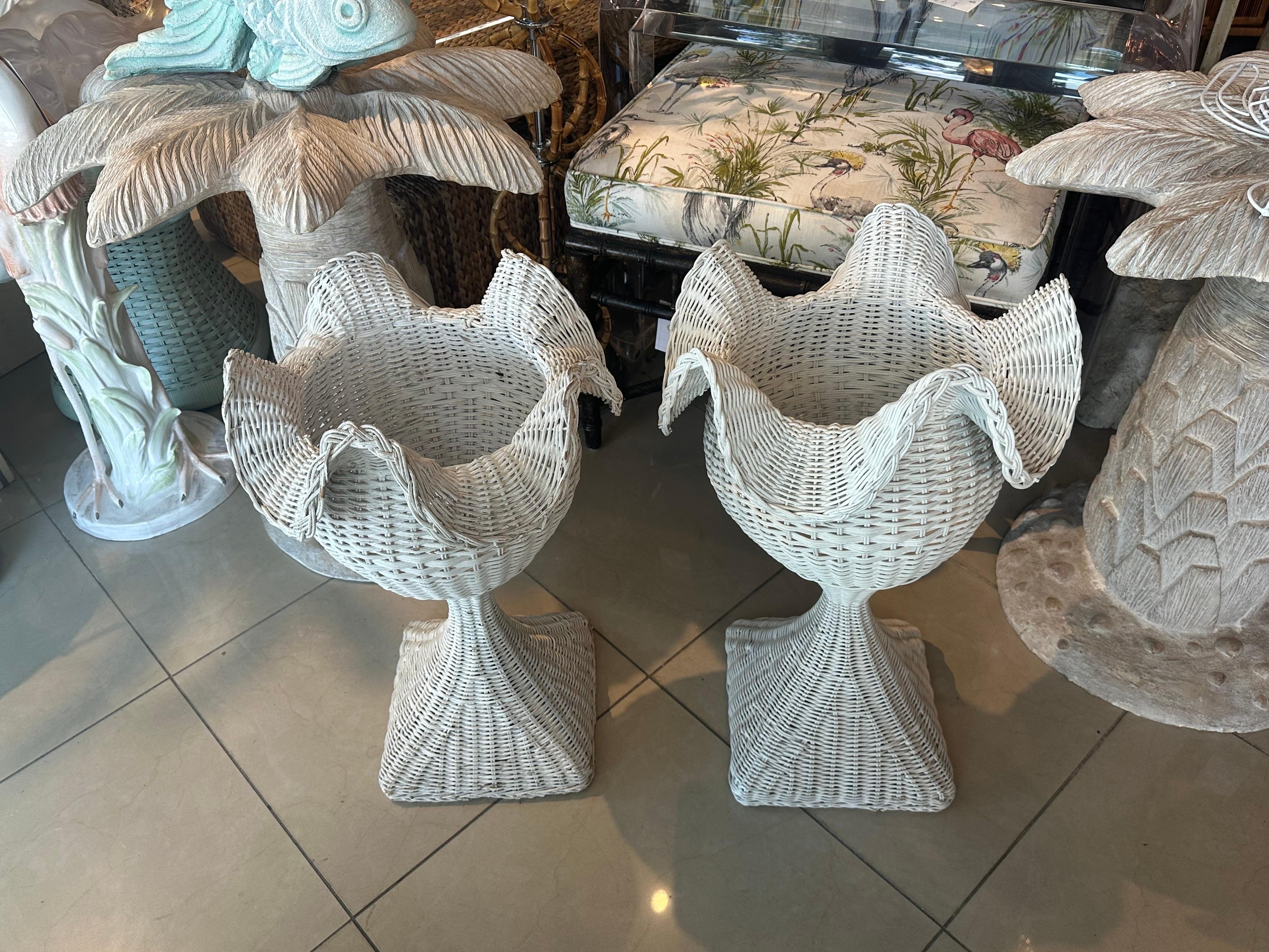 Vintage Pair 1940s French White Chippy Wicker Scalloped Ruffle Edge Planters  3