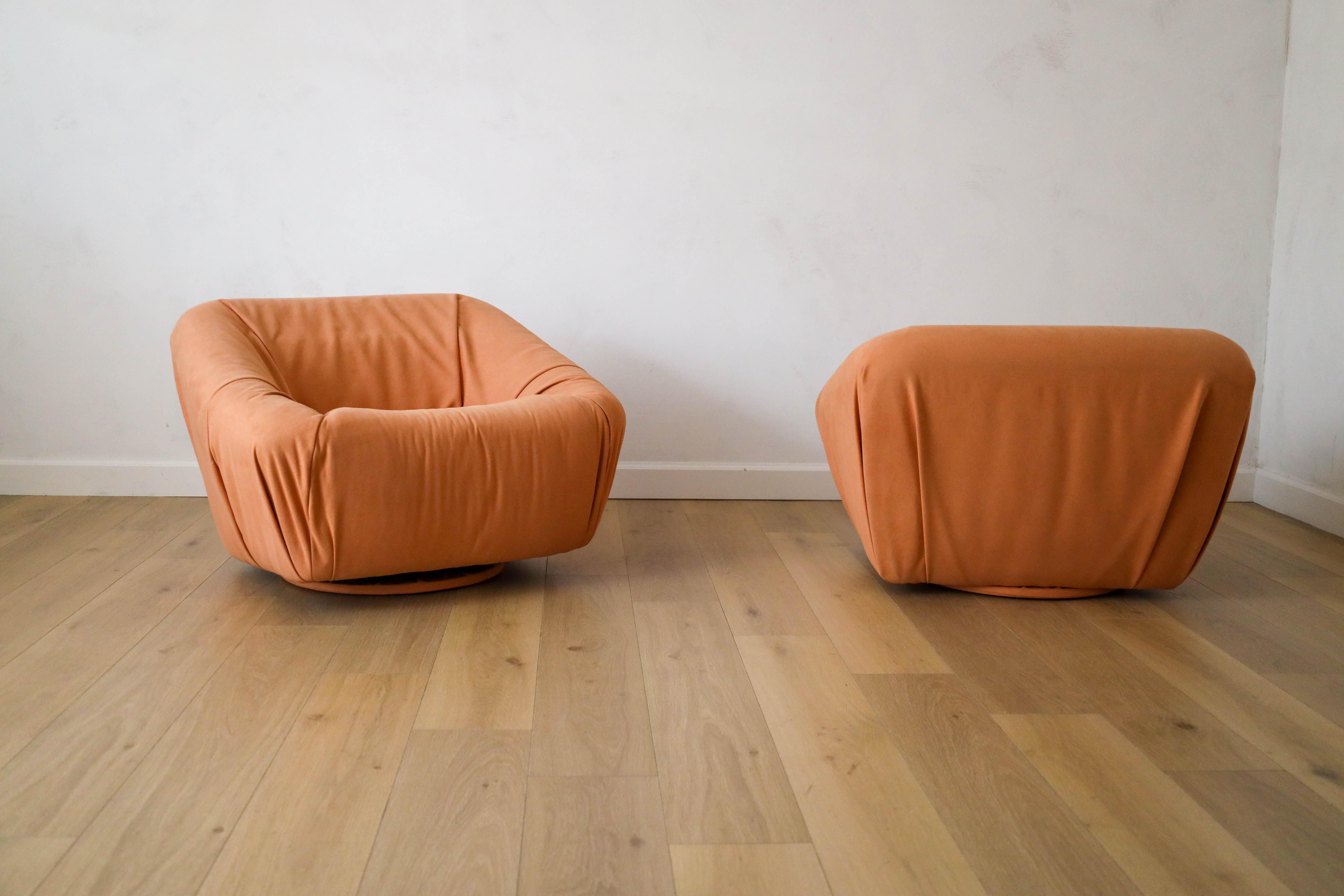 20th Century Vintage Pair 1950s European Swivel Chairs, Suede upholstery by The Romo Group For Sale