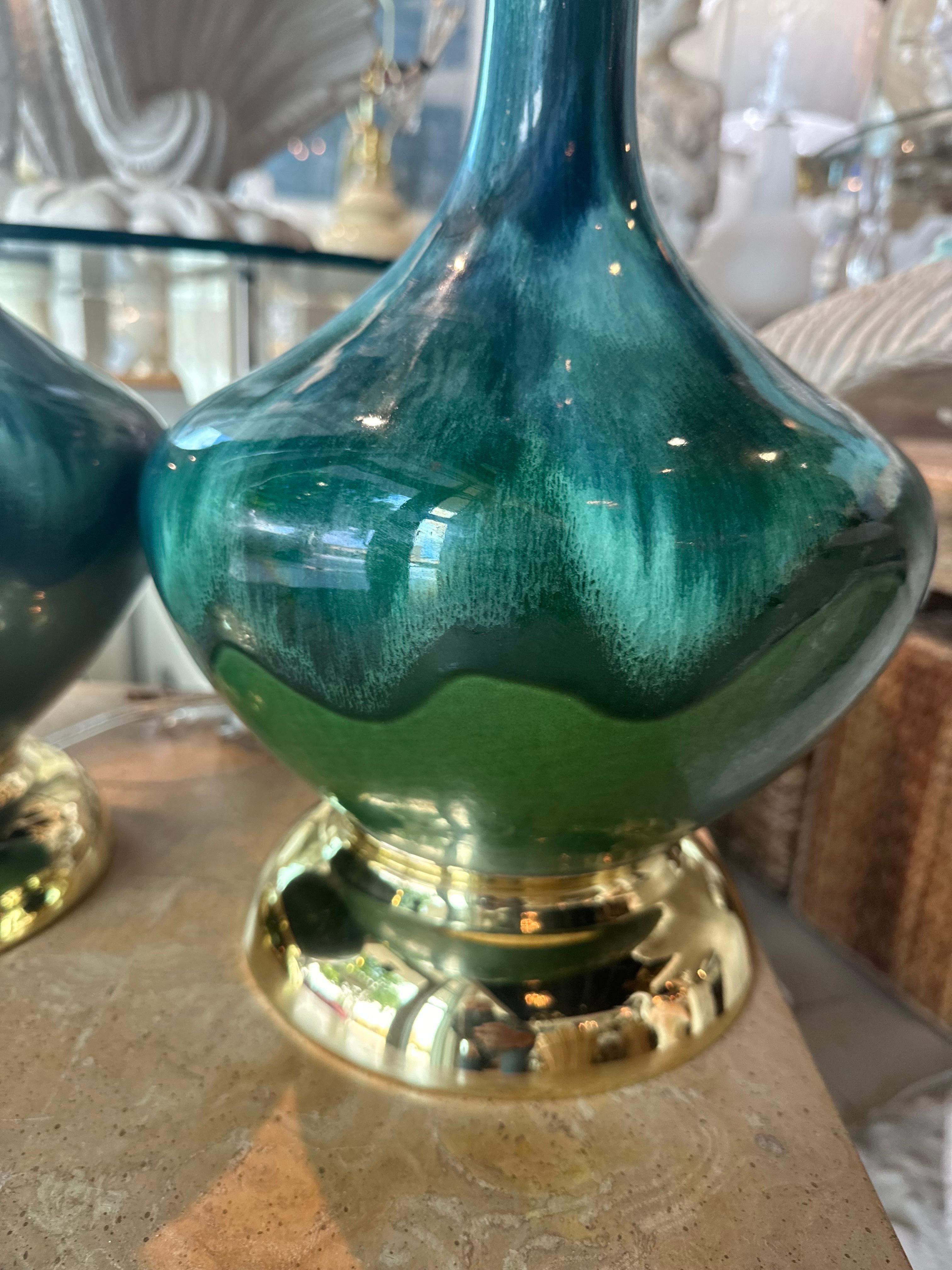 Vintage Pair 1960s Drip Glaze Blue Green Table Lamps Newly Wired Brass Bases For Sale 4