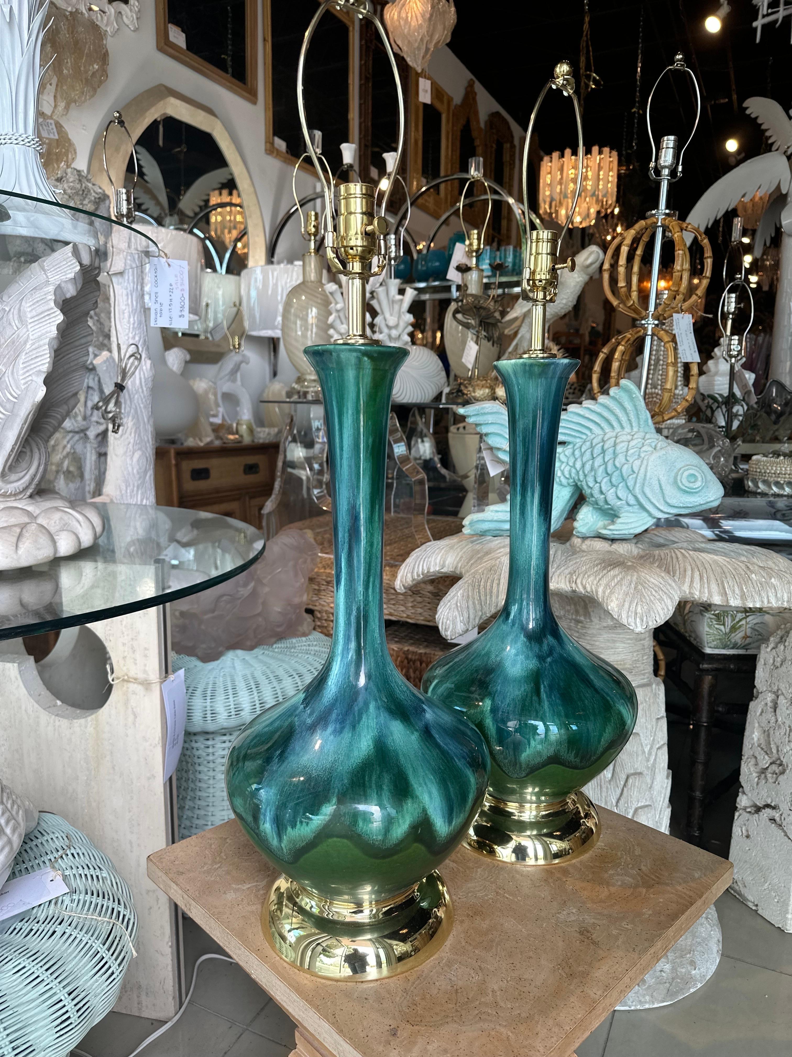 Vintage Pair 1960s Drip Glaze Blue Green Table Lamps Newly Wired Brass Bases For Sale 5
