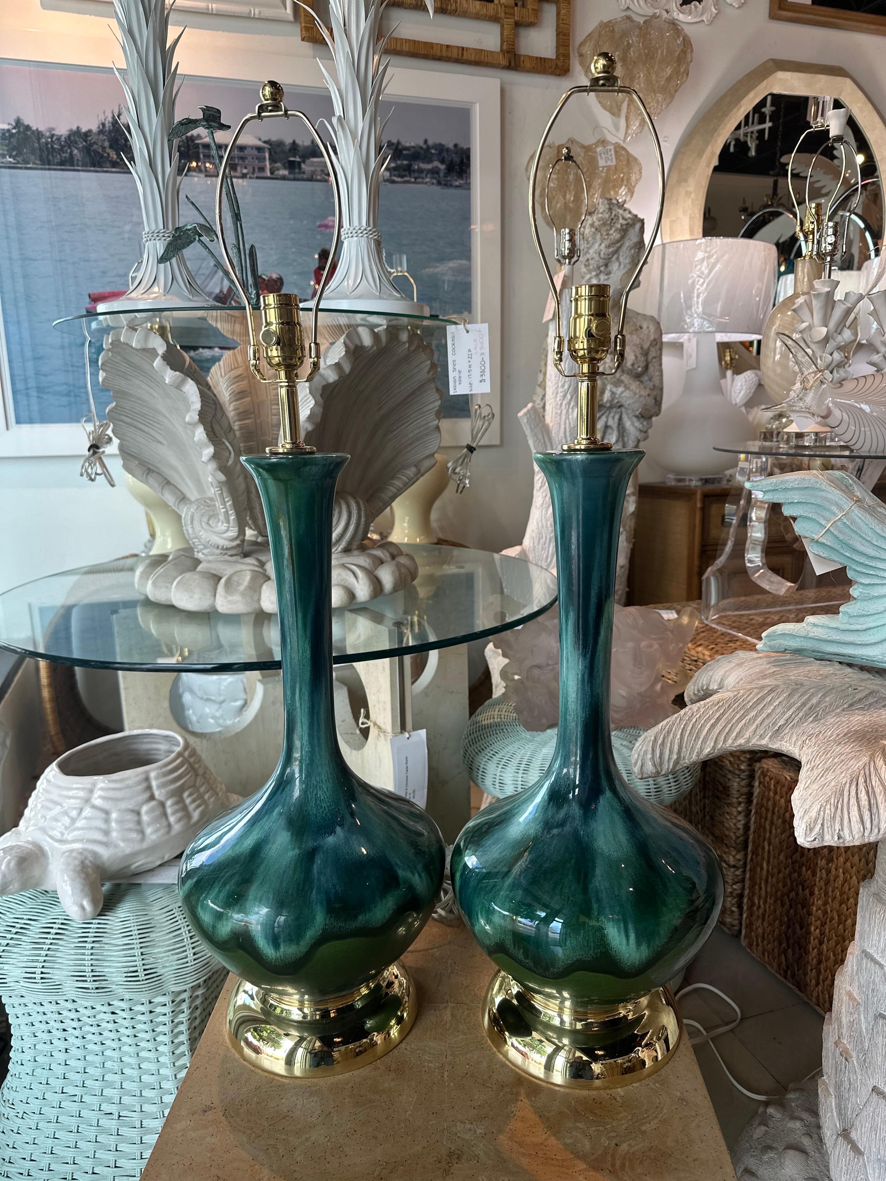 Vintage Pair 1960s Drip Glaze Blue Green Table Lamps Newly Wired Brass Bases For Sale 6