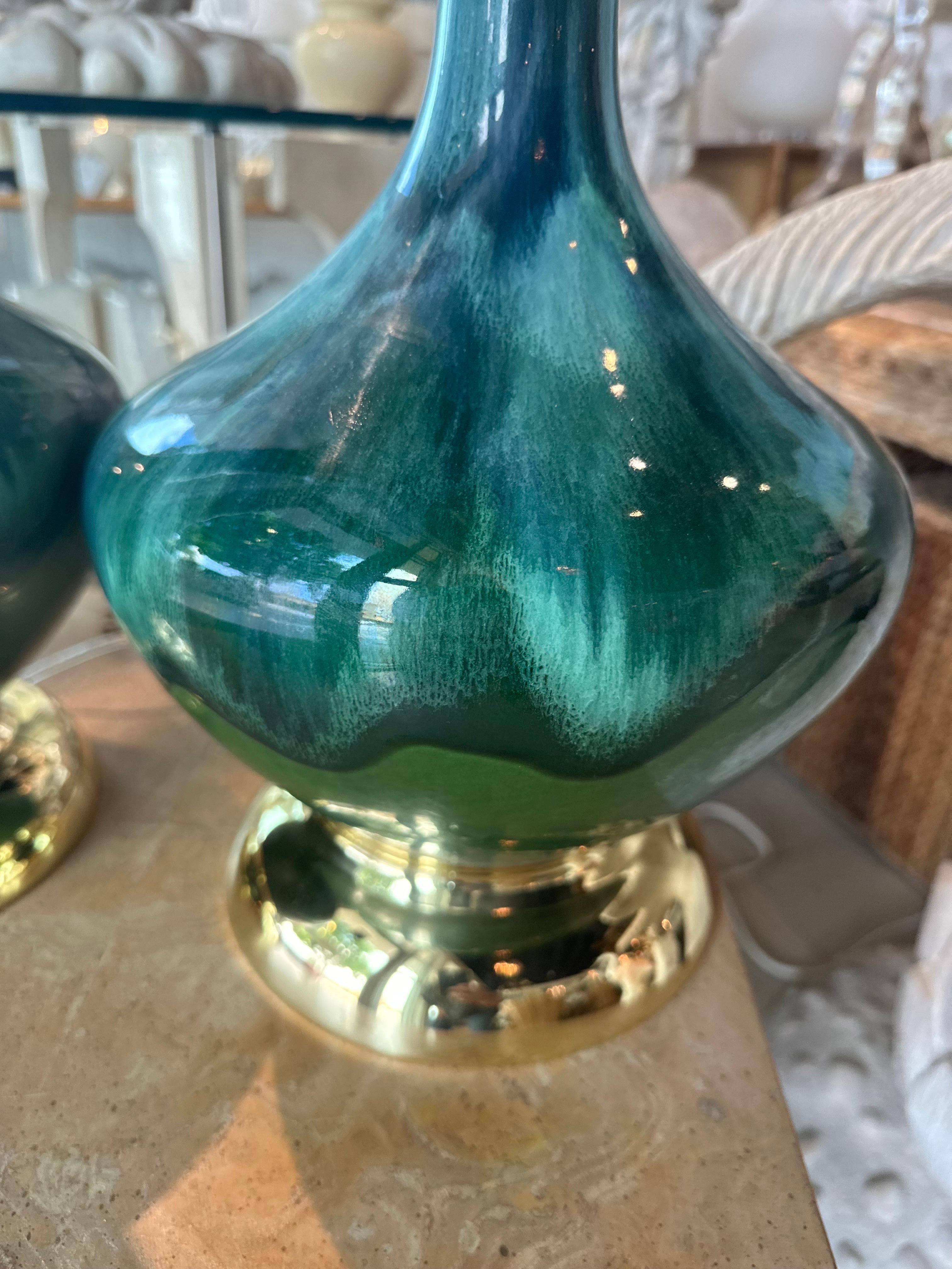 Vintage Pair 1960s Drip Glaze Blue Green Table Lamps Newly Wired Brass Bases For Sale 7
