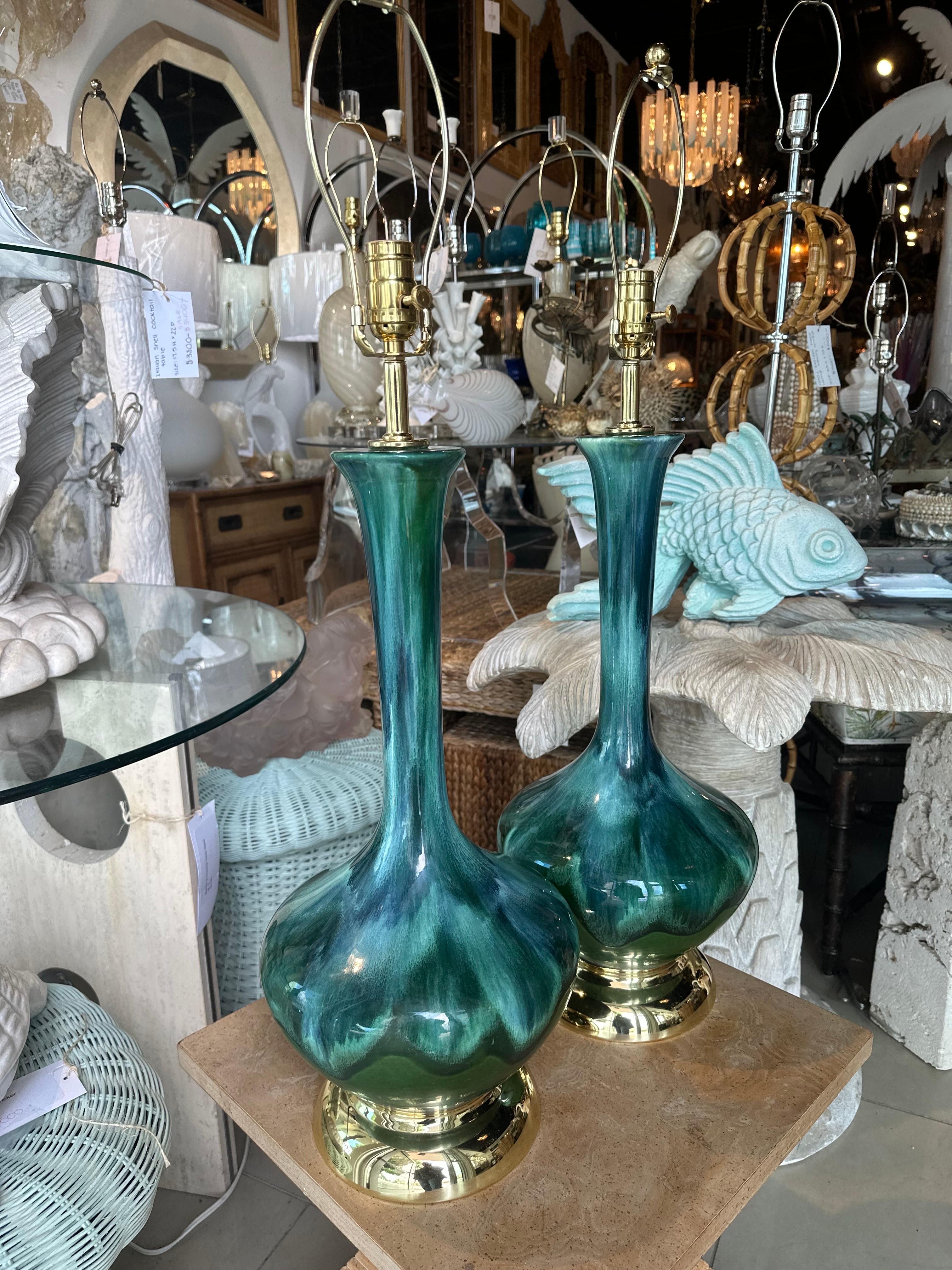 Vintage Pair 1960s Drip Glaze Blue Green Table Lamps Newly Wired Brass Bases For Sale 9