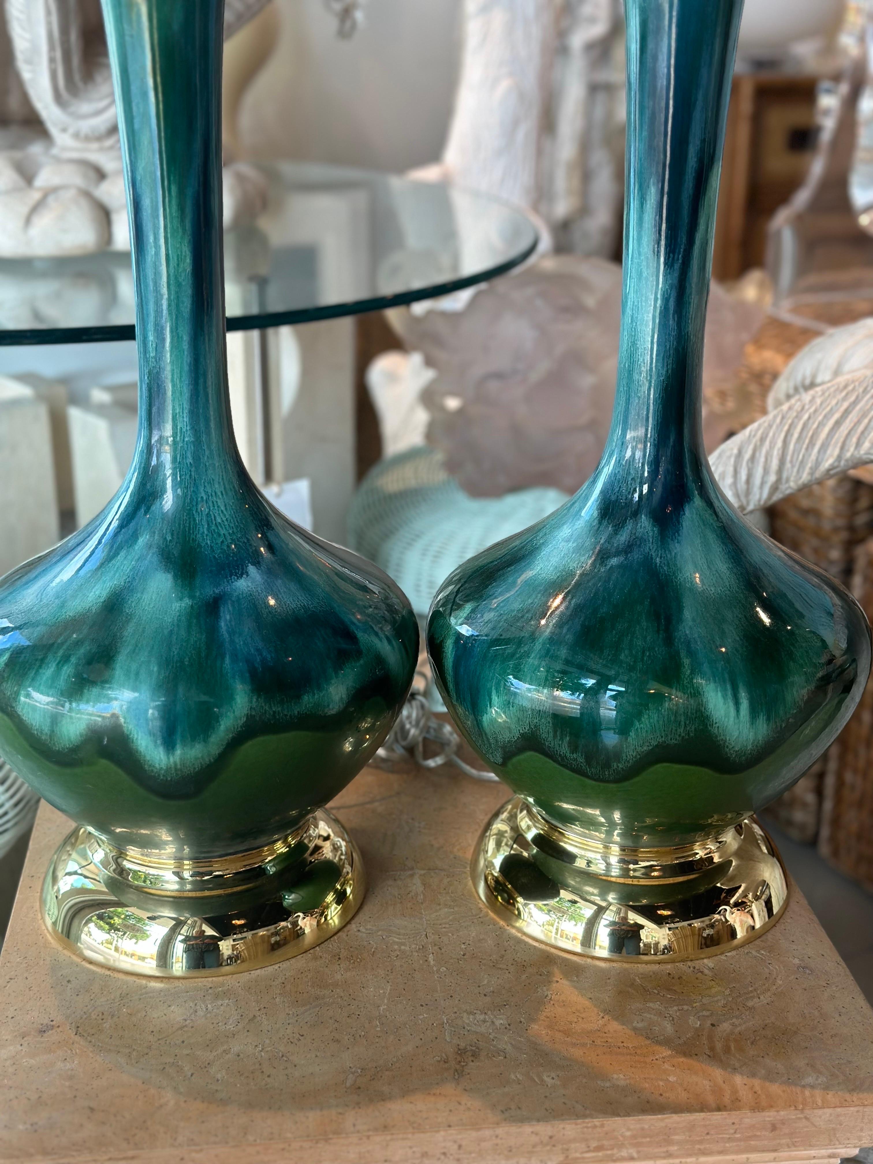 Vintage Pair 1960s Drip Glaze Blue Green Table Lamps Newly Wired Brass Bases For Sale 10