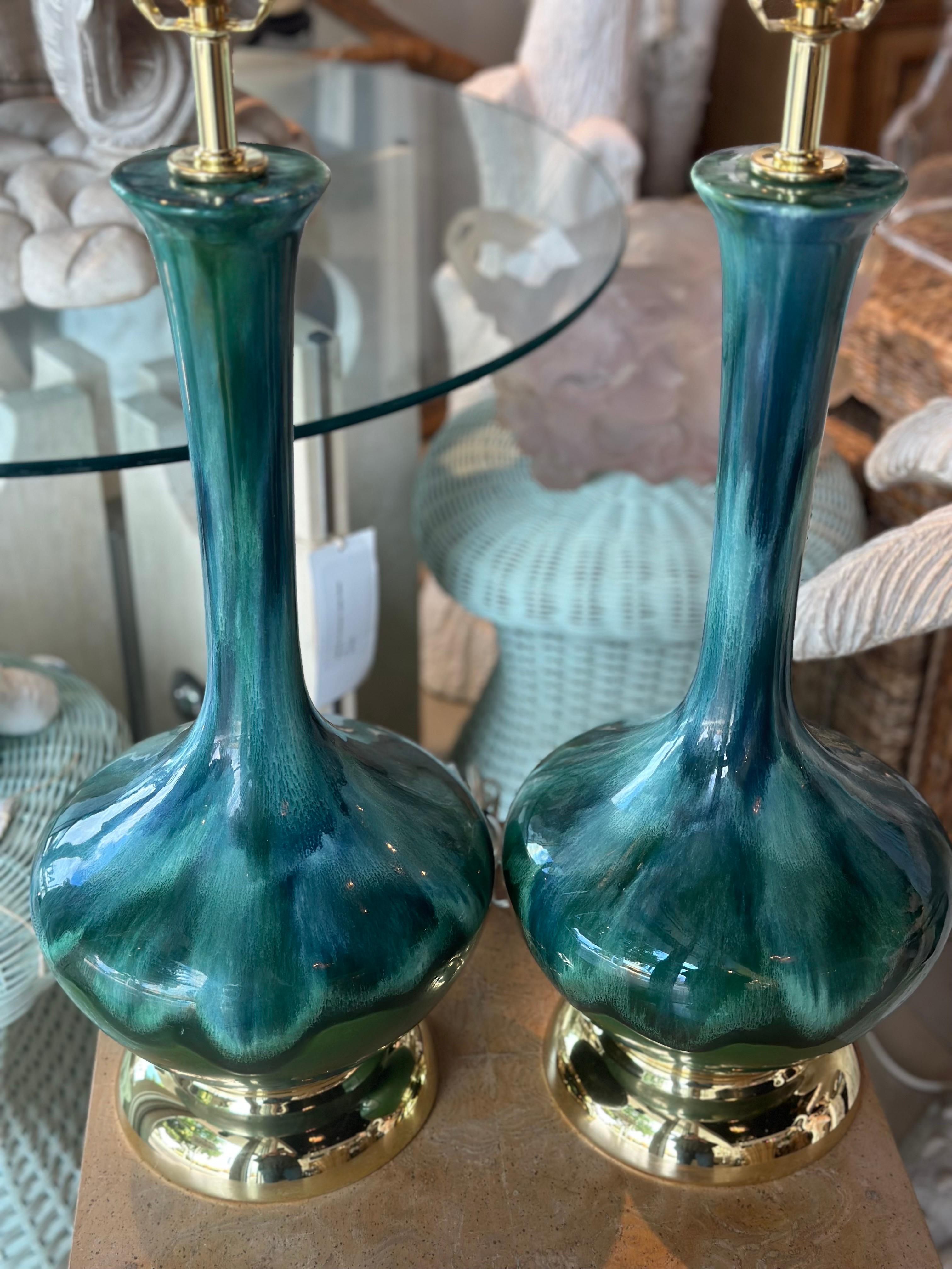 Vintage Pair 1960s Drip Glaze Blue Green Table Lamps Newly Wired Brass Bases For Sale 12