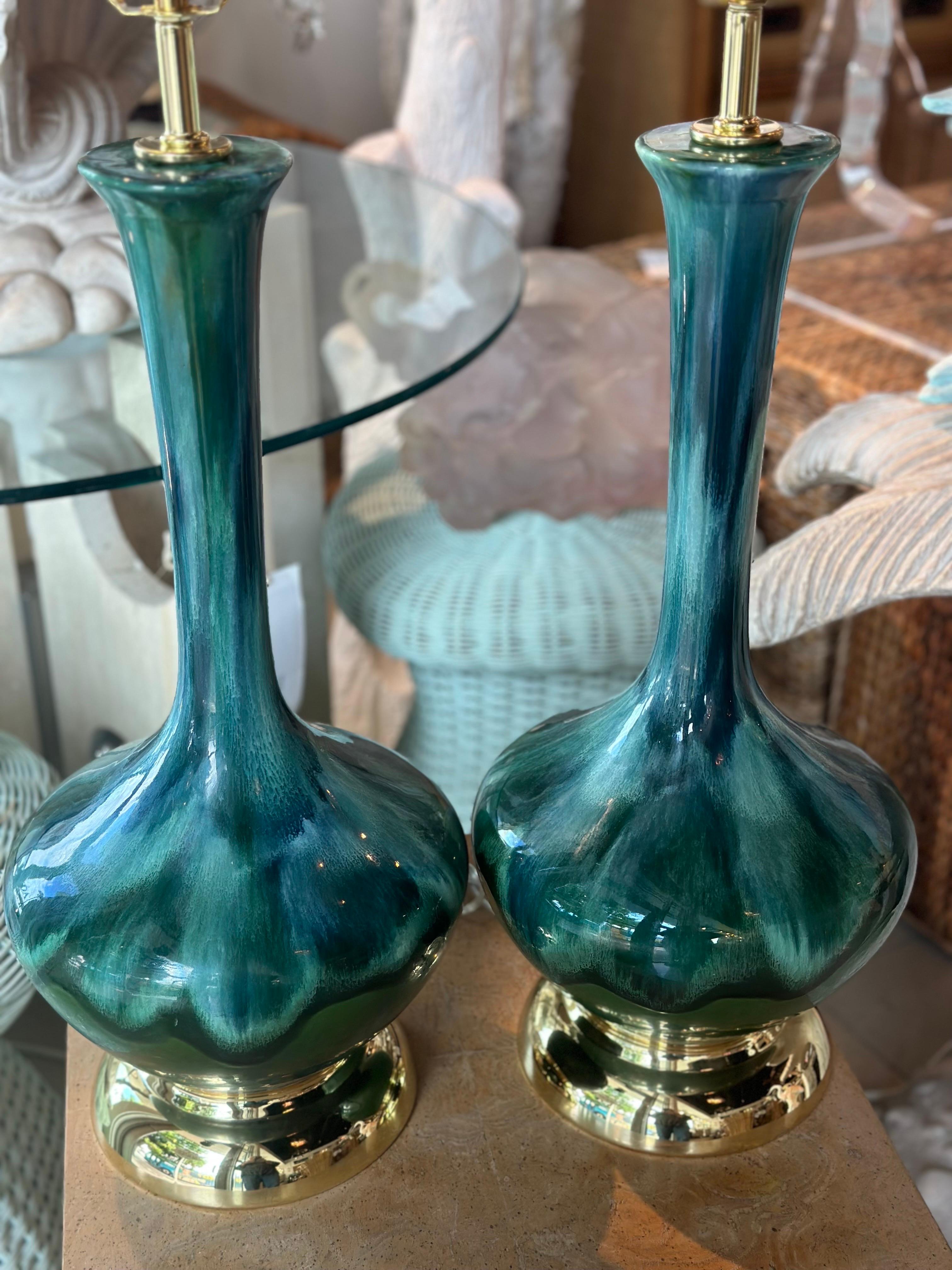 Vintage Pair 1960s Drip Glaze Blue Green Table Lamps Newly Wired Brass Bases For Sale 13