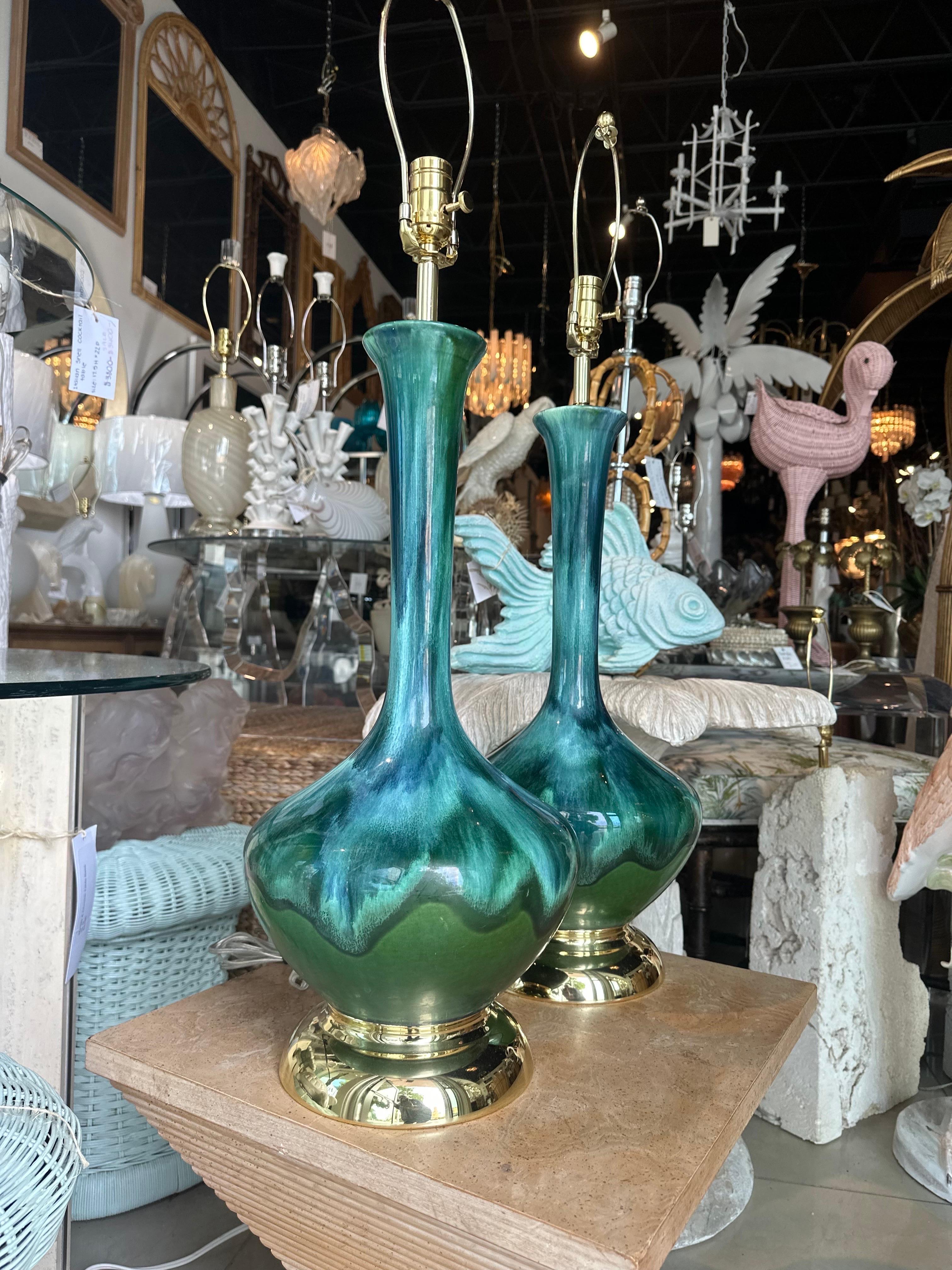 Mid-Century Modern Vintage Pair 1960s Drip Glaze Blue Green Table Lamps Newly Wired Brass Bases For Sale