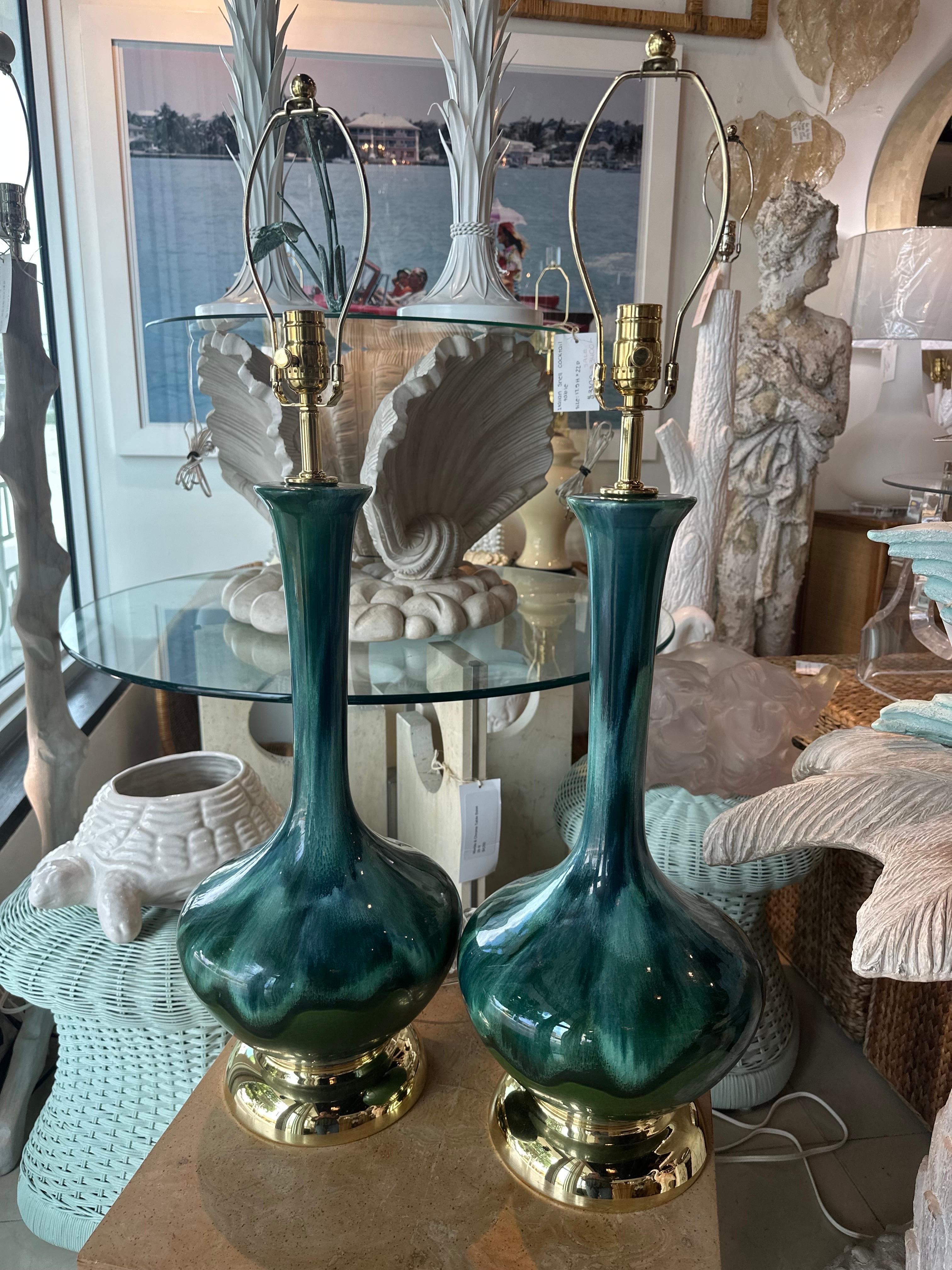 American Vintage Pair 1960s Drip Glaze Blue Green Table Lamps Newly Wired Brass Bases For Sale