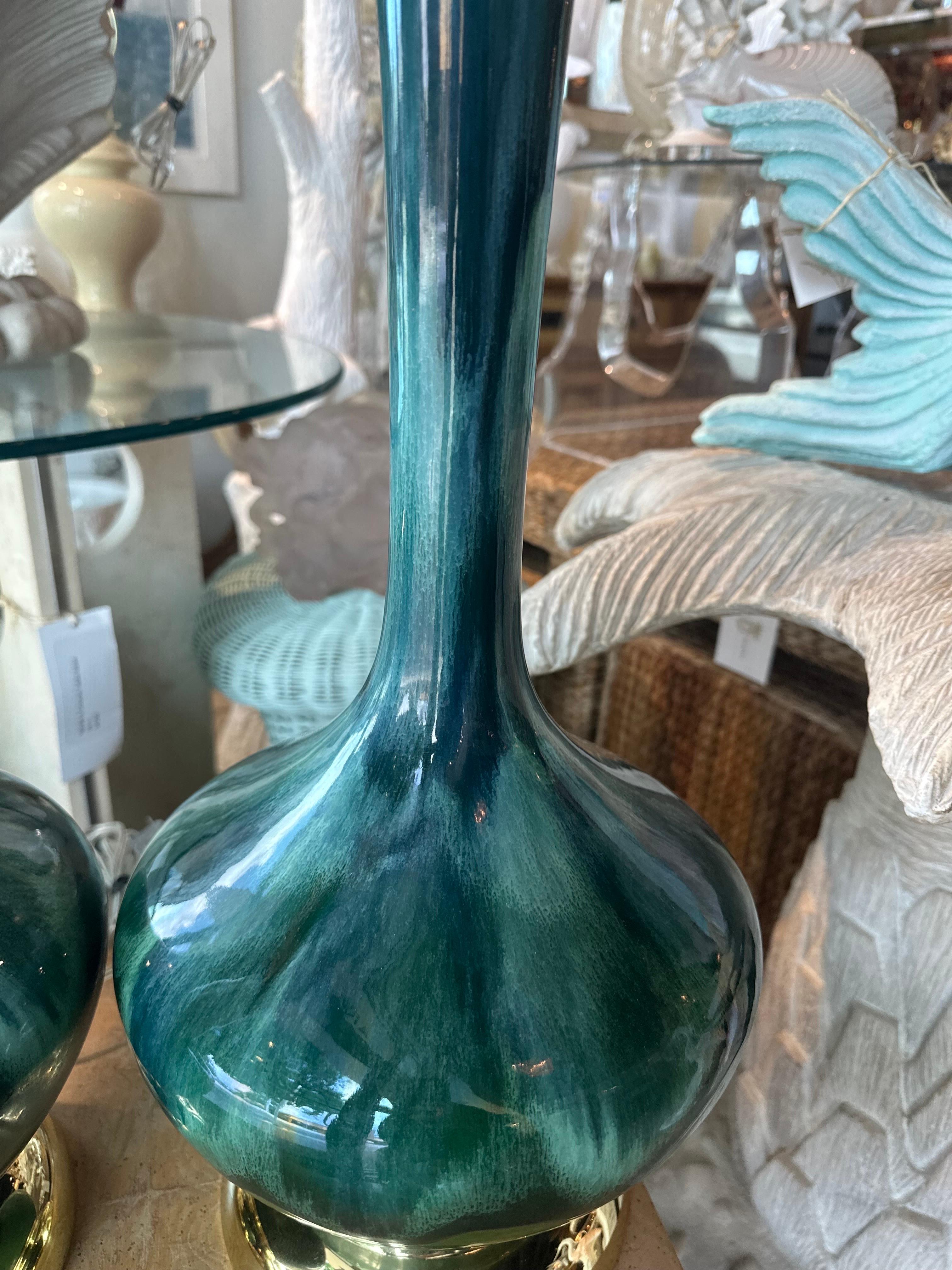 Vintage Pair 1960s Drip Glaze Blue Green Table Lamps Newly Wired Brass Bases In Good Condition For Sale In West Palm Beach, FL