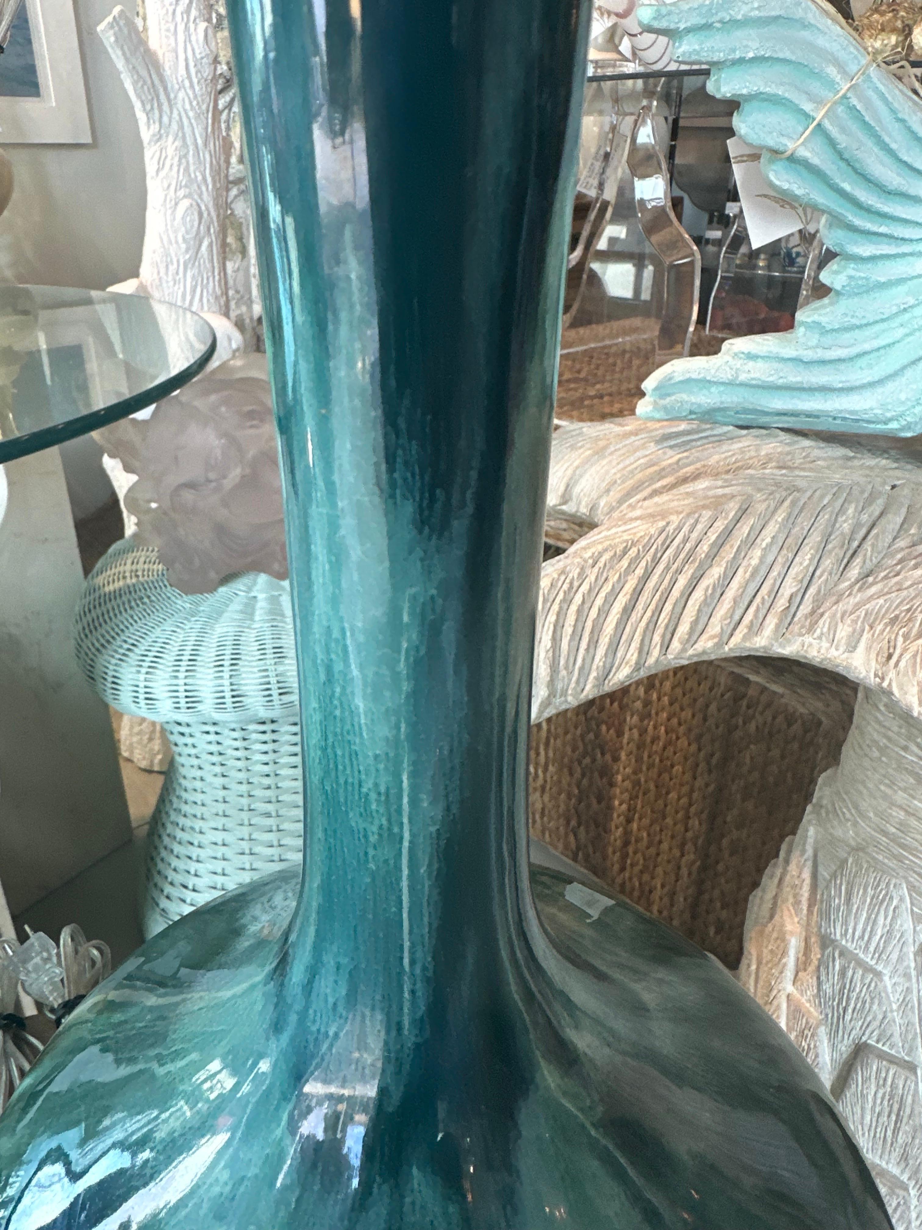 Mid-20th Century Vintage Pair 1960s Drip Glaze Blue Green Table Lamps Newly Wired Brass Bases For Sale