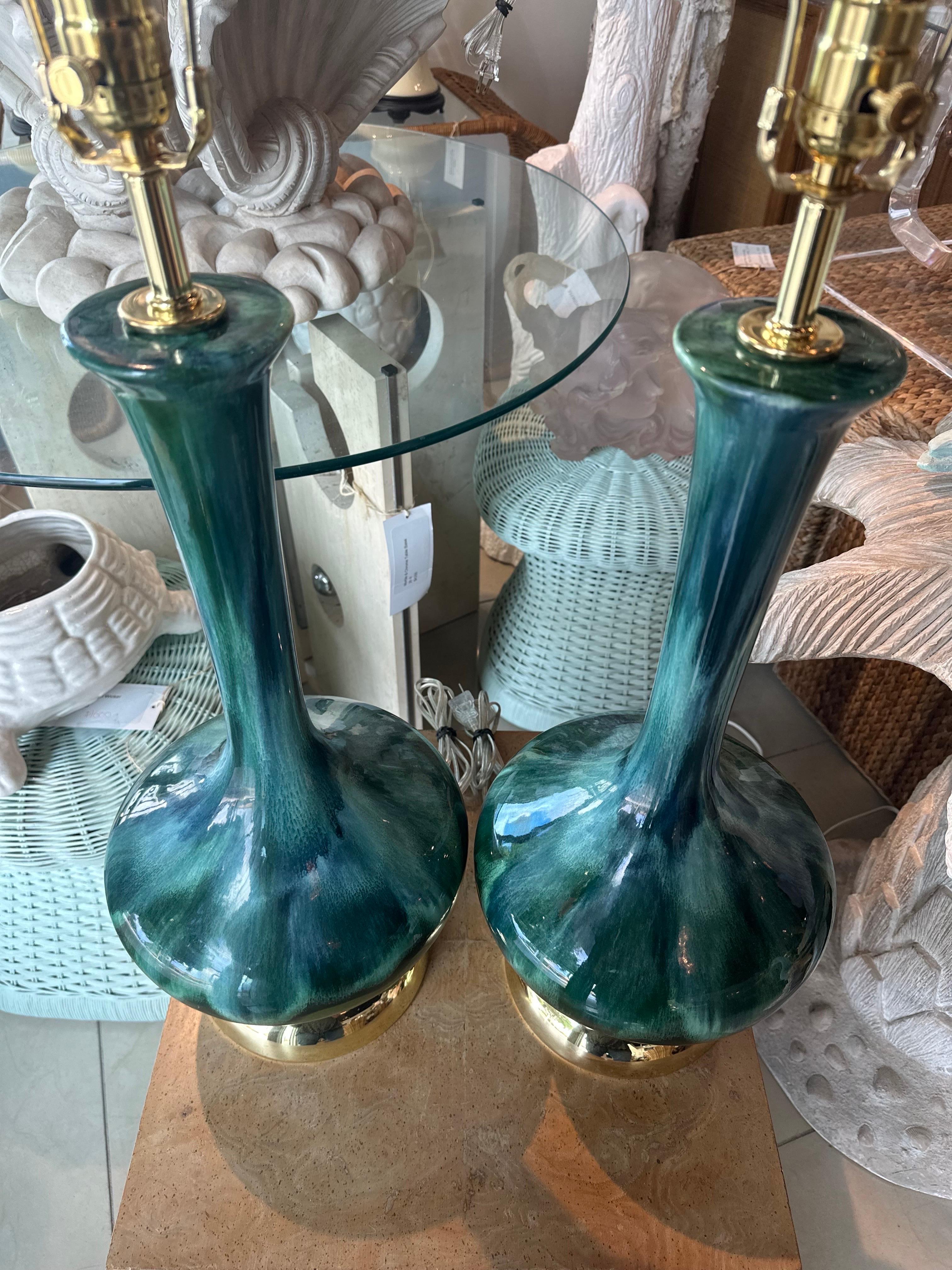 Vintage Pair 1960s Drip Glaze Blue Green Table Lamps Newly Wired Brass Bases For Sale 1