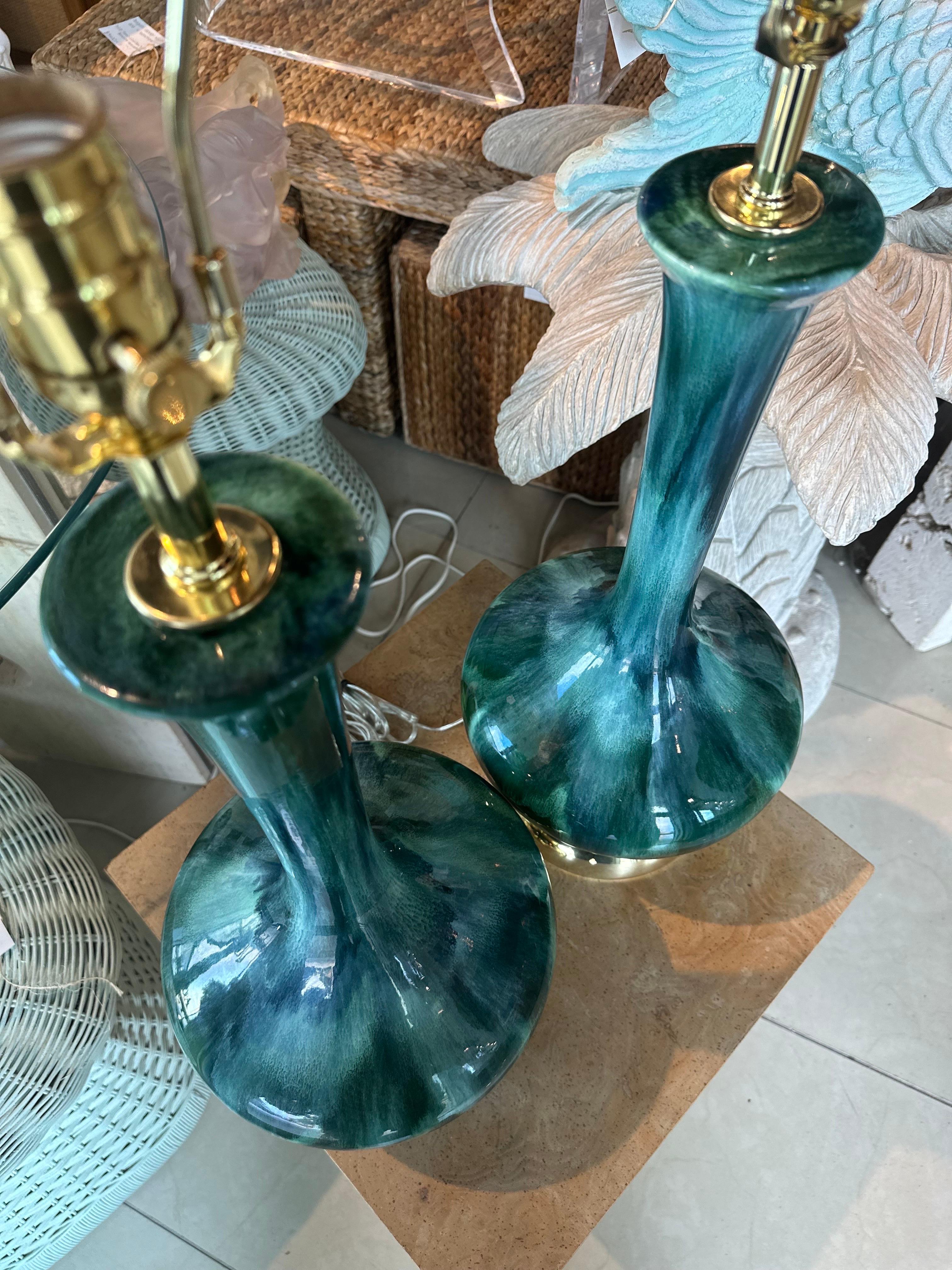 Vintage Pair 1960s Drip Glaze Blue Green Table Lamps Newly Wired Brass Bases For Sale 2
