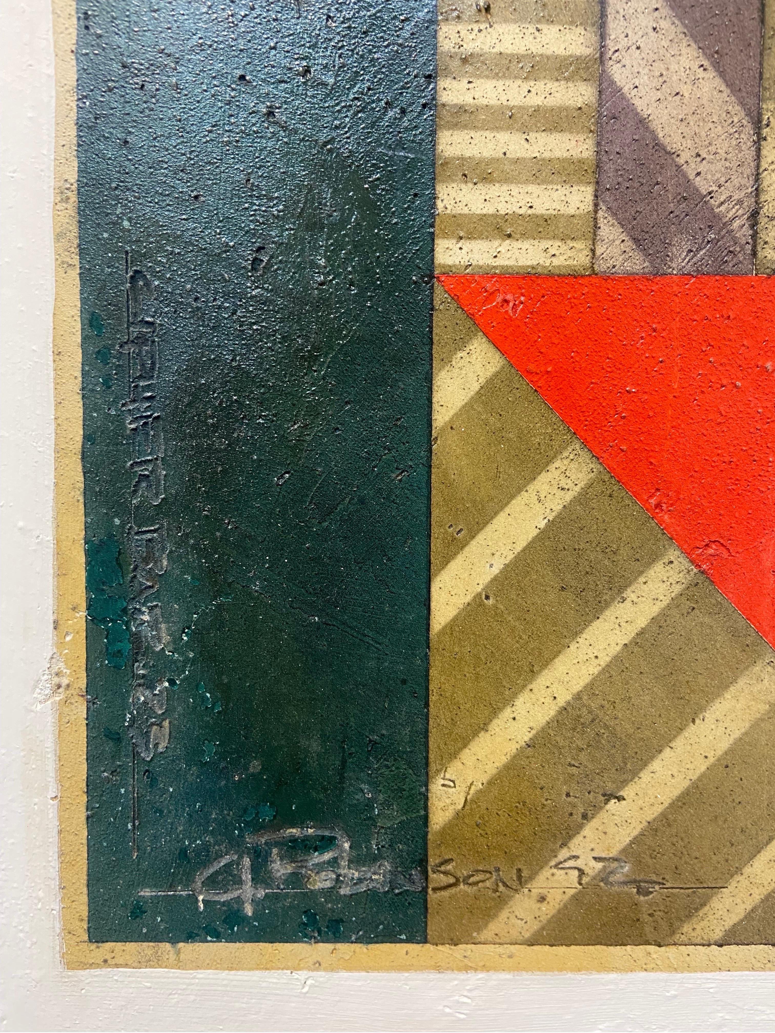 A pair of large, vintage, circa 1992, signed and titled post modern style geometric abstract paintings by contemporary American artist Gregg Robinson (born 1948). In the artist's own words regarding his work, 